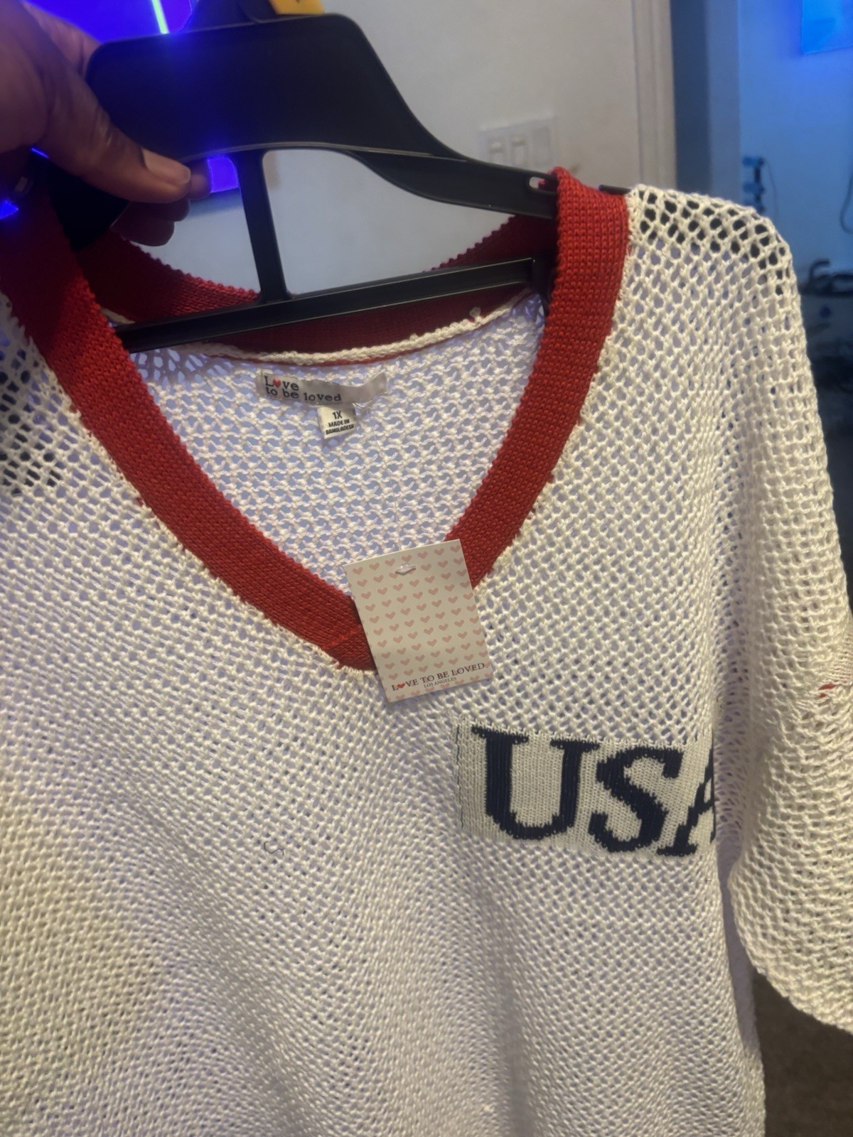 Love to be loved USA Open-Knit V-Neck Short Sleeve Pullover Sweater 1X