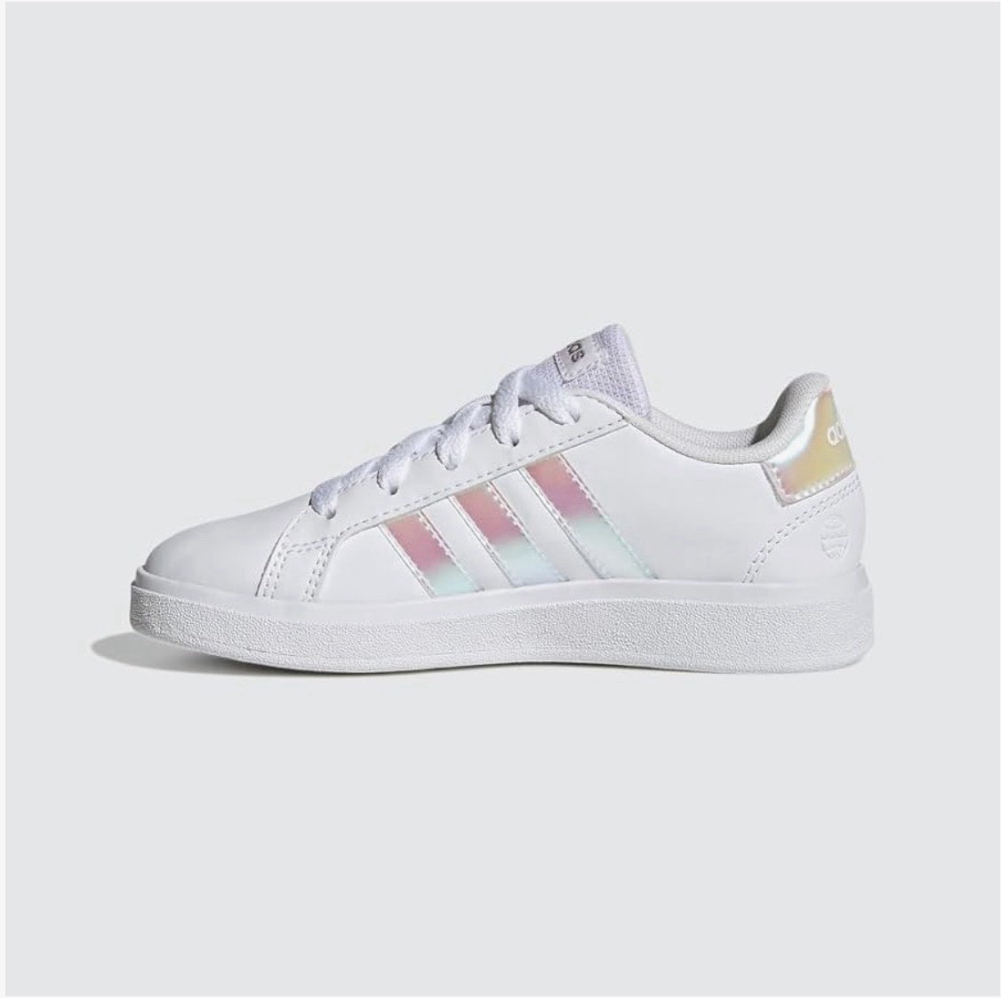 Size 7Y – Adidas Grand Court 2.0 Kids White Iridescent Reflective Logo Sneakers