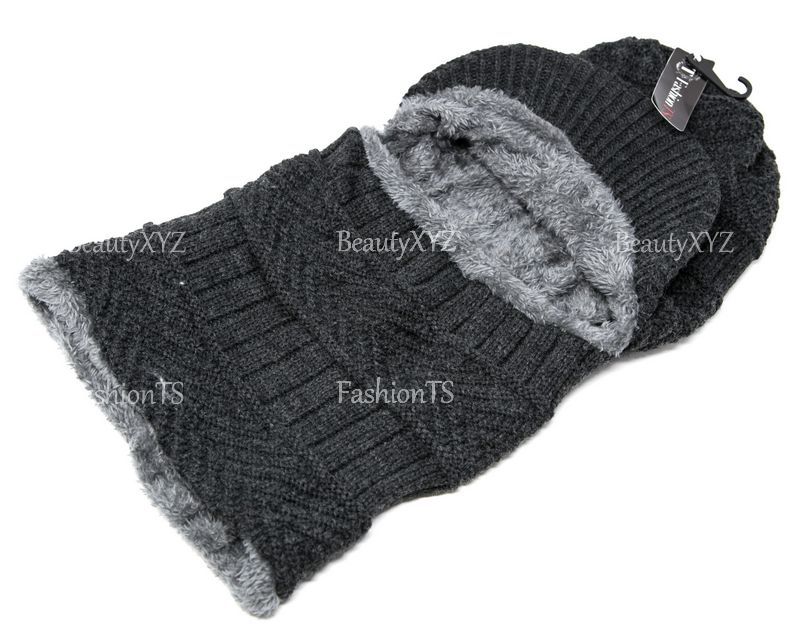 2 in 1 Cable Knit Winter Hat w/ Neck Warmer Mask Brim Beanie Fur Lining Unisex