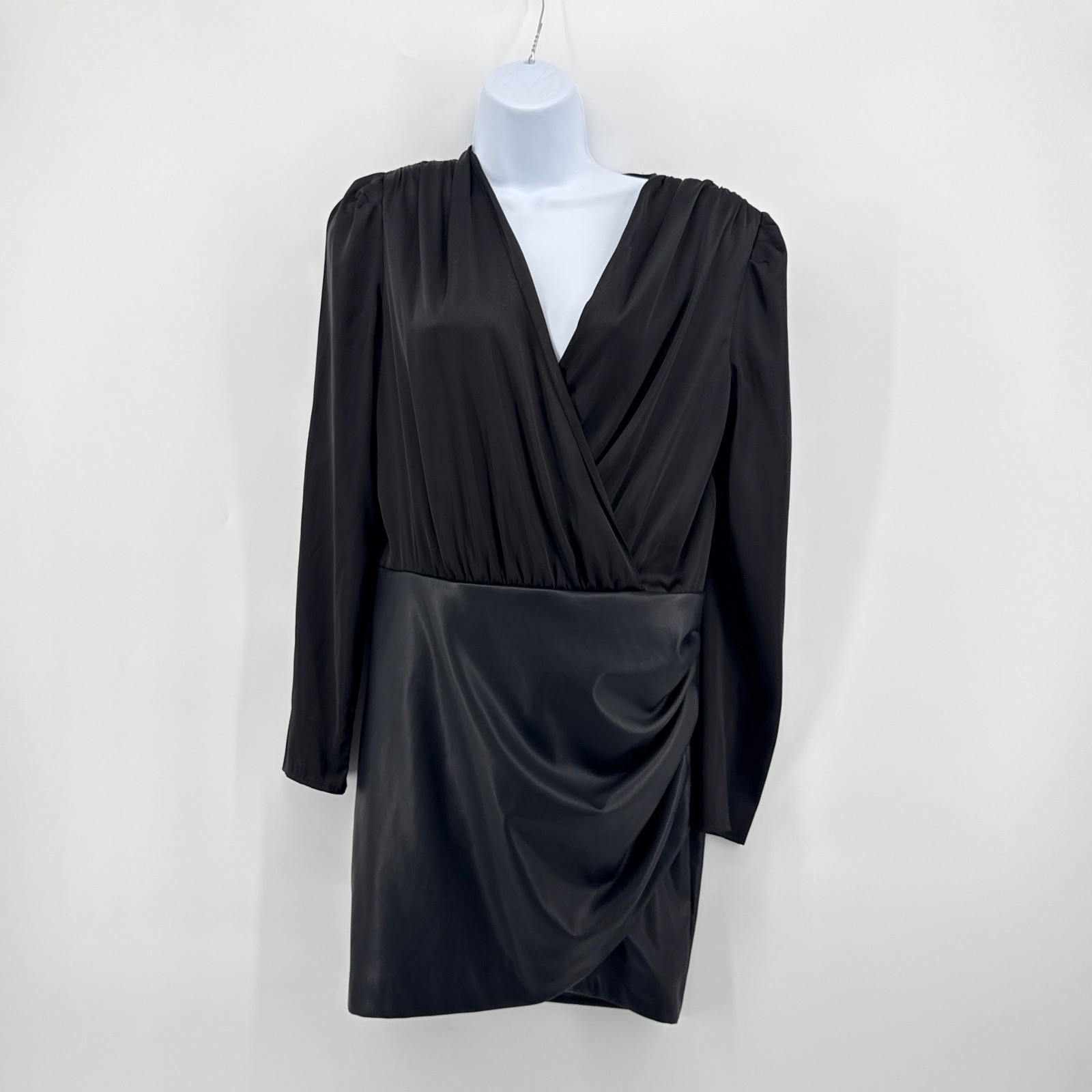 Generation Love Miley Faux Leather Combo Dress Black Draped V-Neck Mini Small