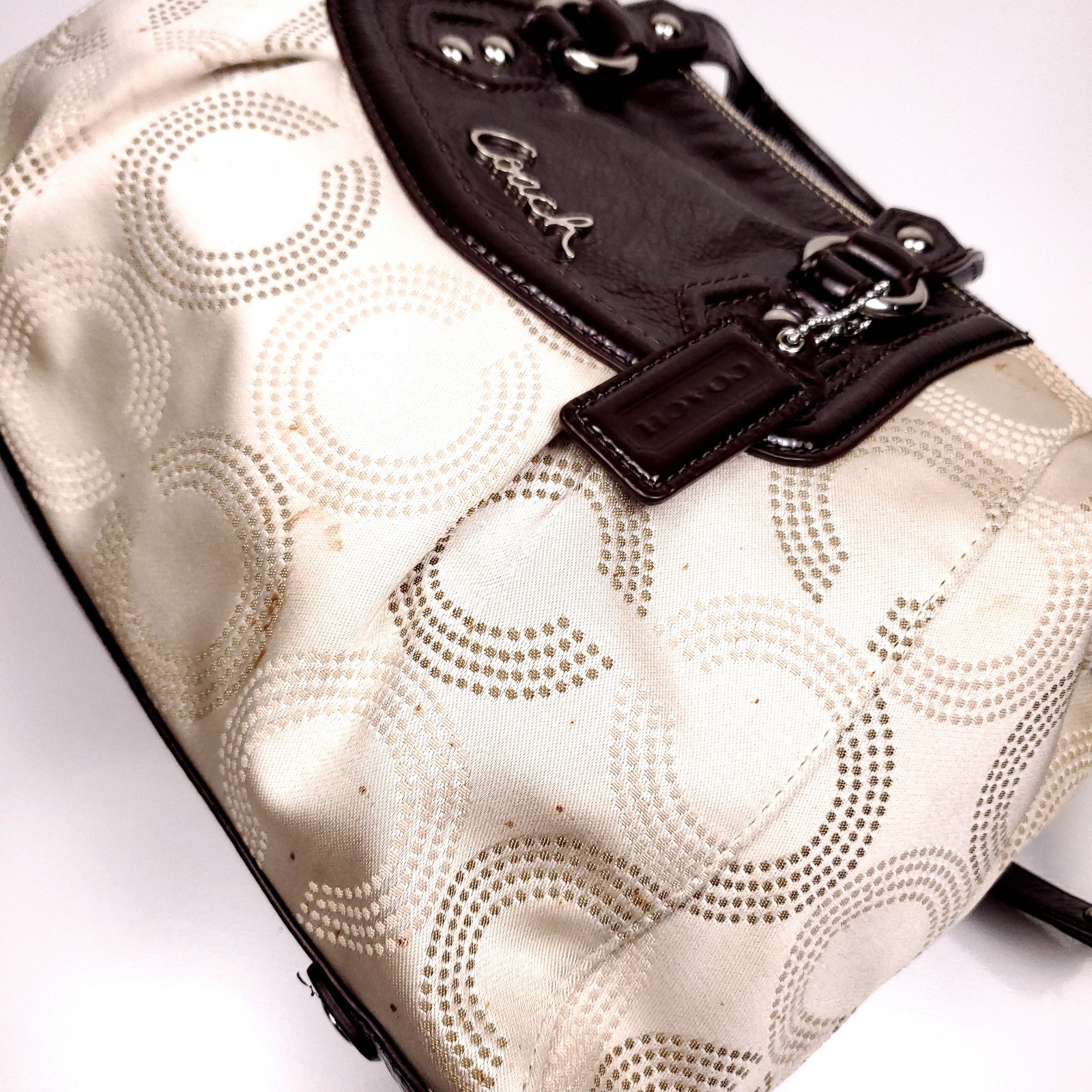 Coach Ashley F20027 Dotted Op Art Cream Brown Shoulder Bag Satchel Purse Handbag