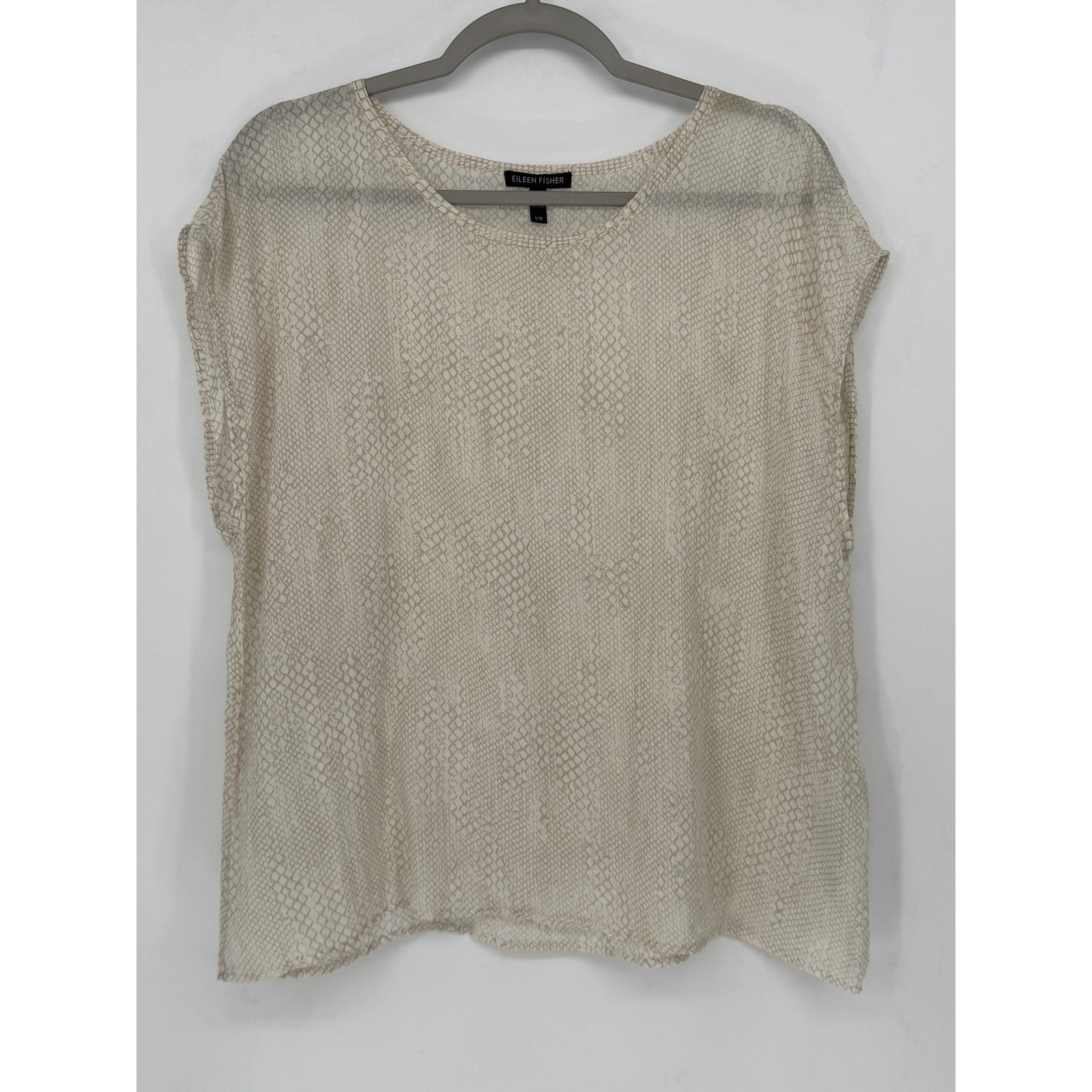 Eileen Fisher Top Large Beige Bone Chainette Ramie Sheer Blouse Neutral Office