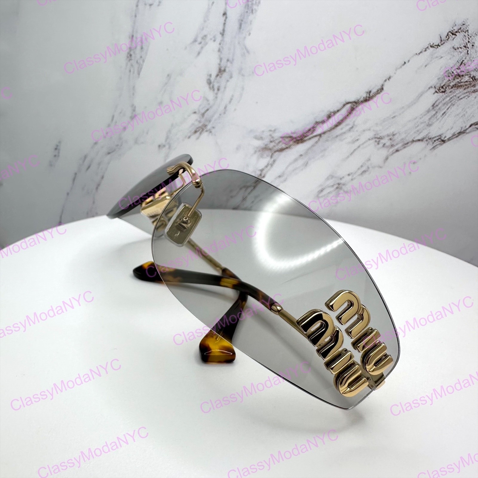 New MIU MIU Sunglasses Gold Slim Runway Wrap Rimless MU A51S 5AK50K Authentic