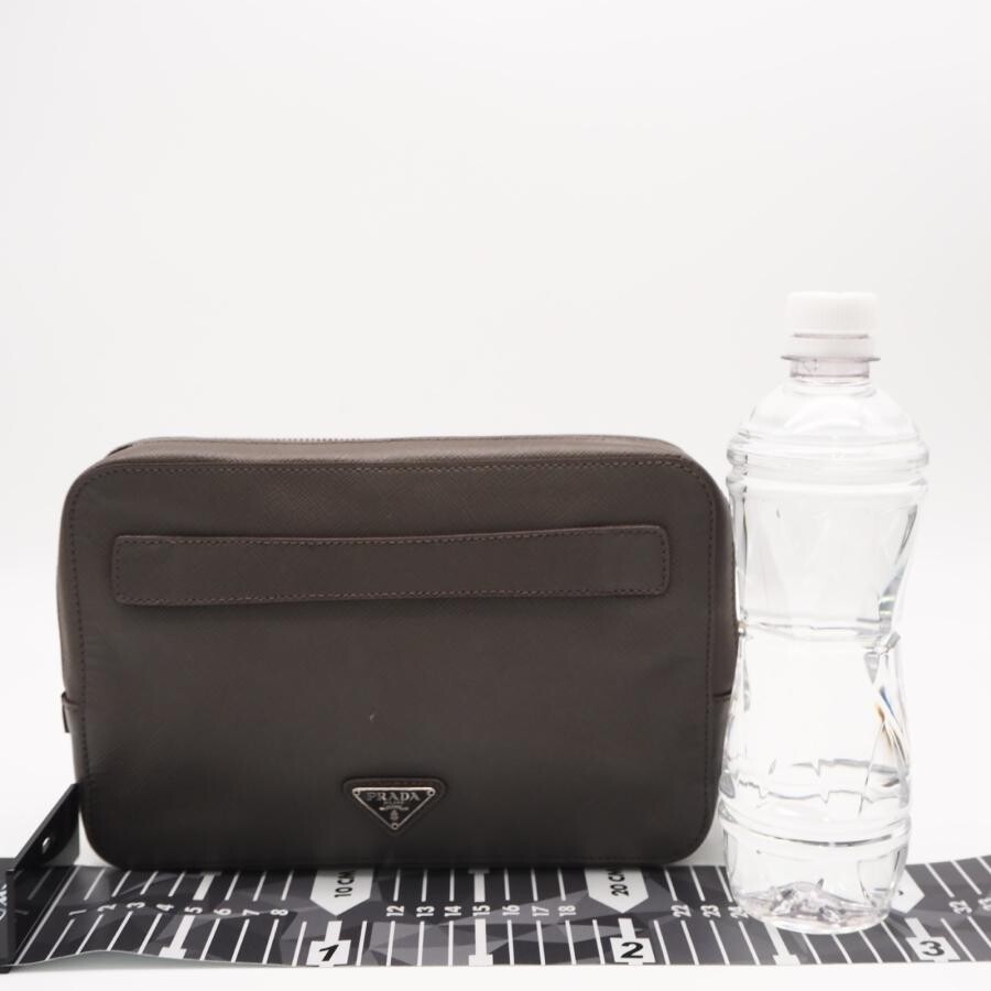 PRADA 2VF052 Clutch Saffiano Leather Greige Mens Zipper Pockets Card Slots