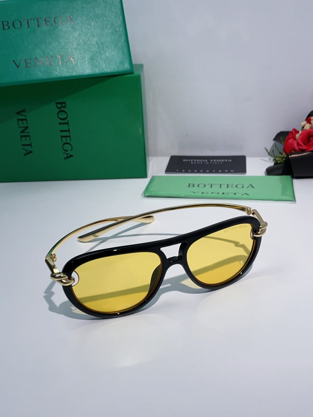 Bottega Veneta BV1418S Sunglasses Black Frame Yellow Lenses 58-15-145