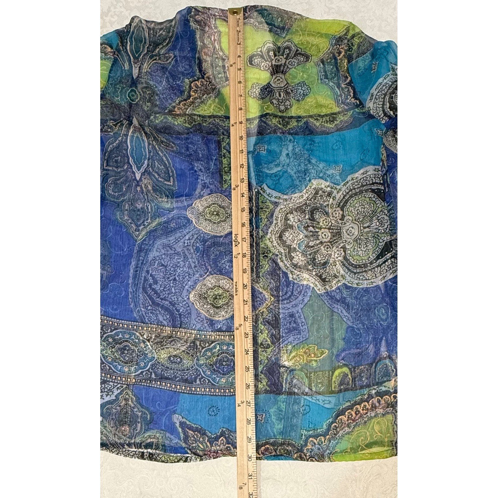 Bitter Apple Tunic Top Womens S/M Blue Paisley Beaded Sheer Boho V-Neck