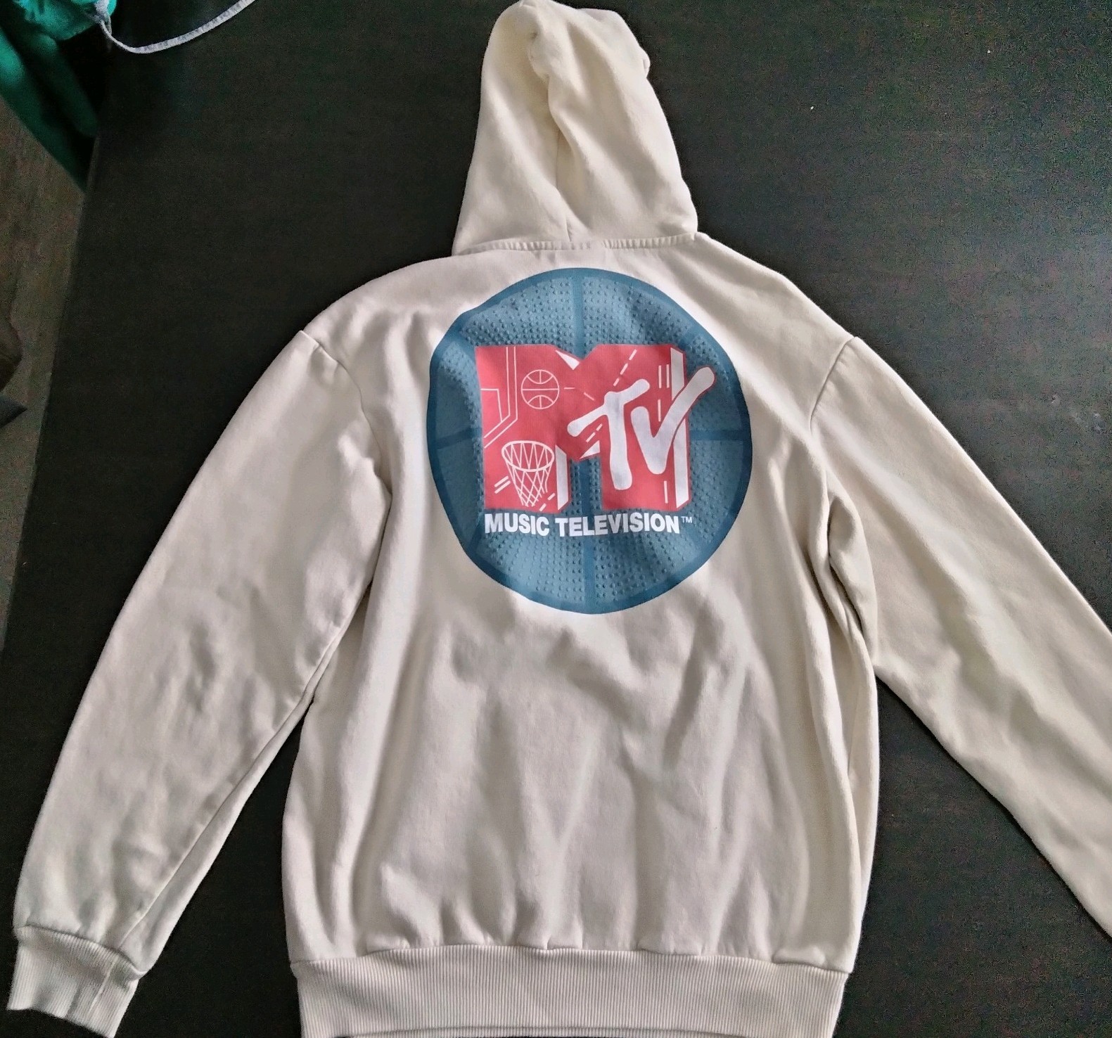 MTV Hoodie Double Sided Basketball Graphic Sweatshirt Unisex Medium Cream Color