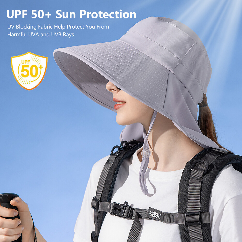 Wide Brim Sun Hat UV Protection Neck Cover Flap Women Ponytail Outdoor Beach Cap
