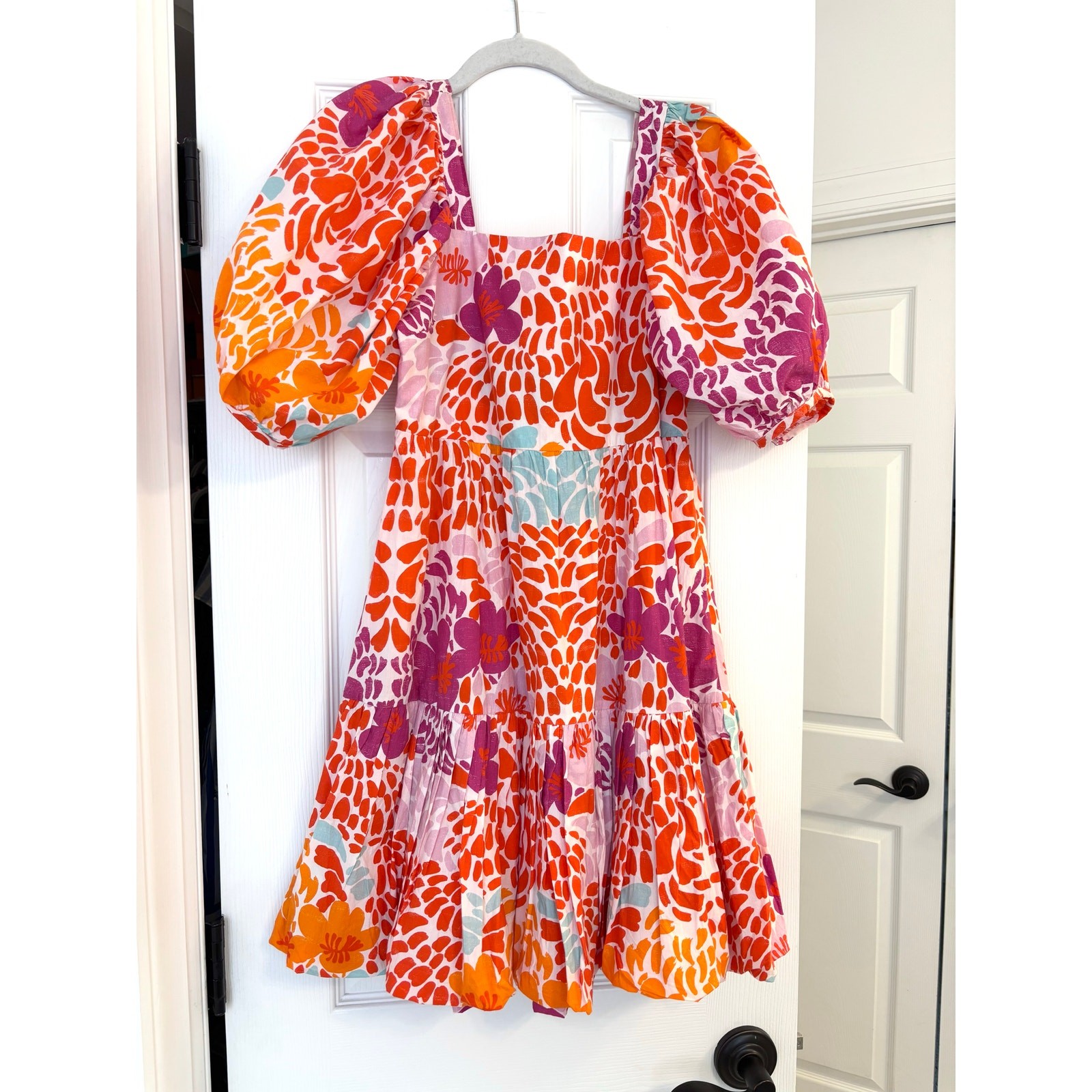 Oliphant Puff Sleeve Bubble Skirt Dress in Antigua Orange Floral size Small