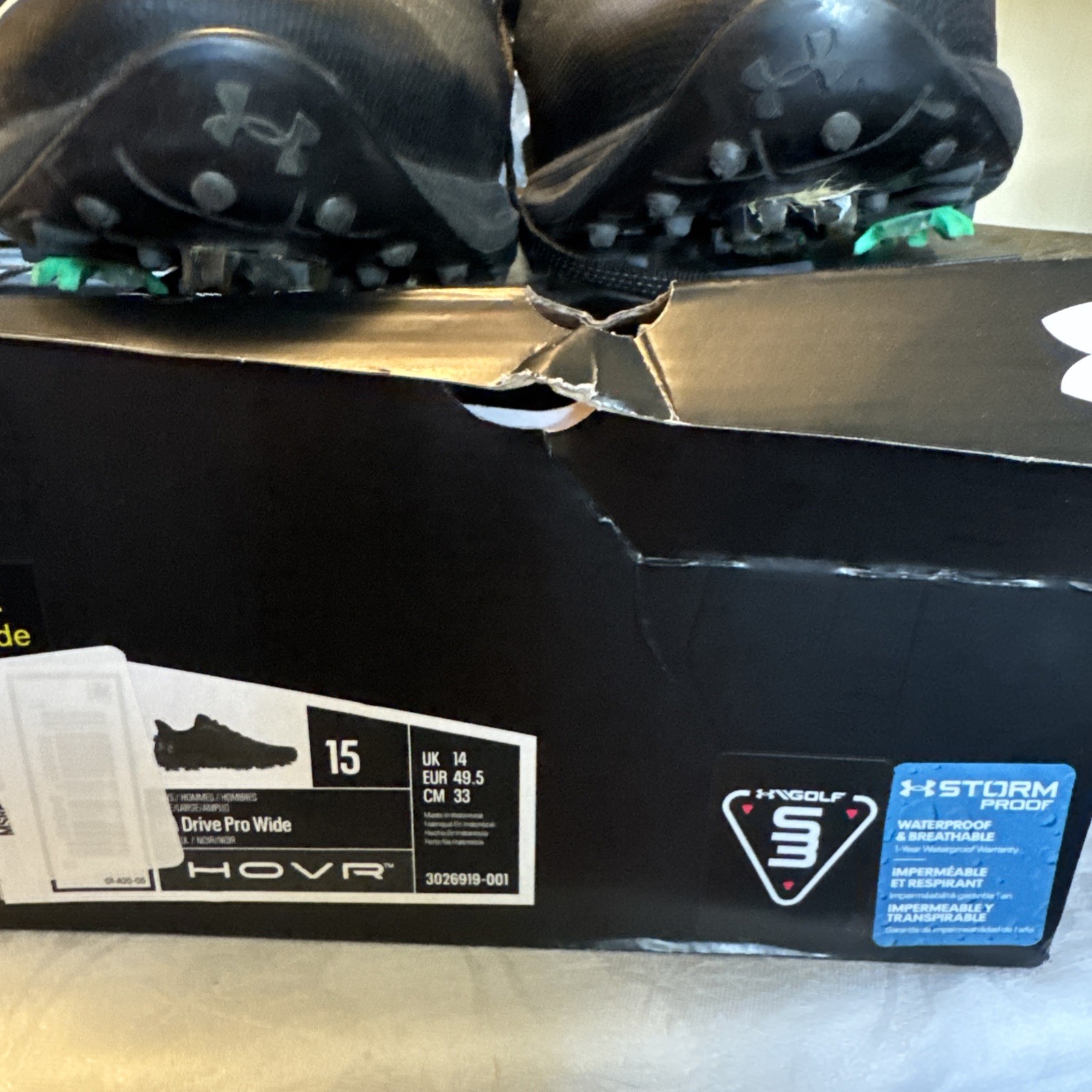 Under Armour HOVR Mens Size 15 Black Golf Drive Pro Shoes Spikes 3026919-001
