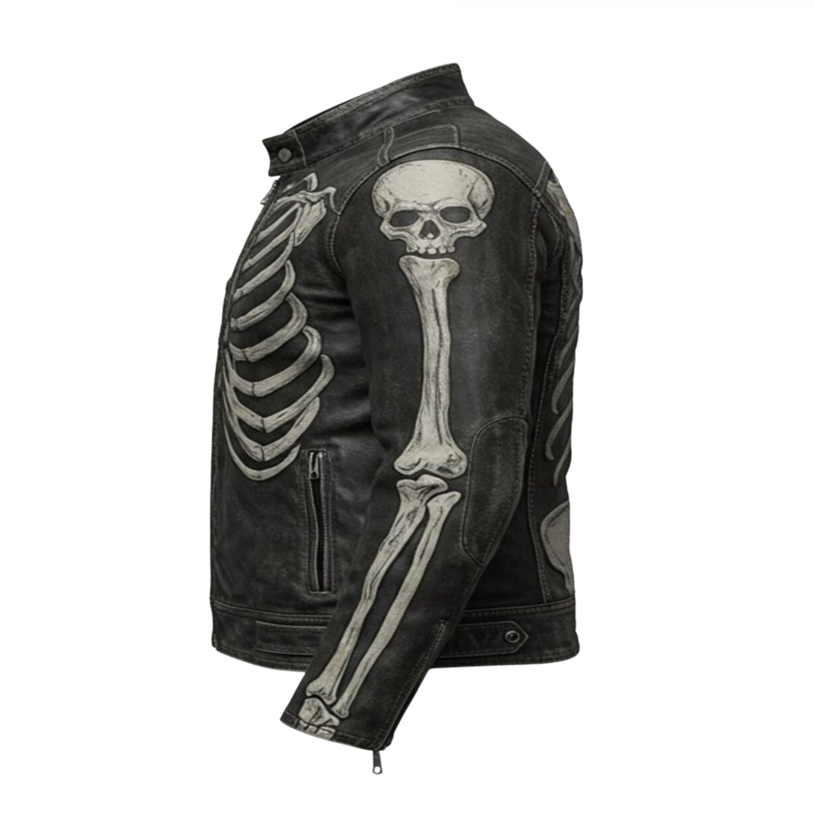 Men’s Distressed Skeleton Leather Biker Jacket Gothic Punk Skull Halloween Rider