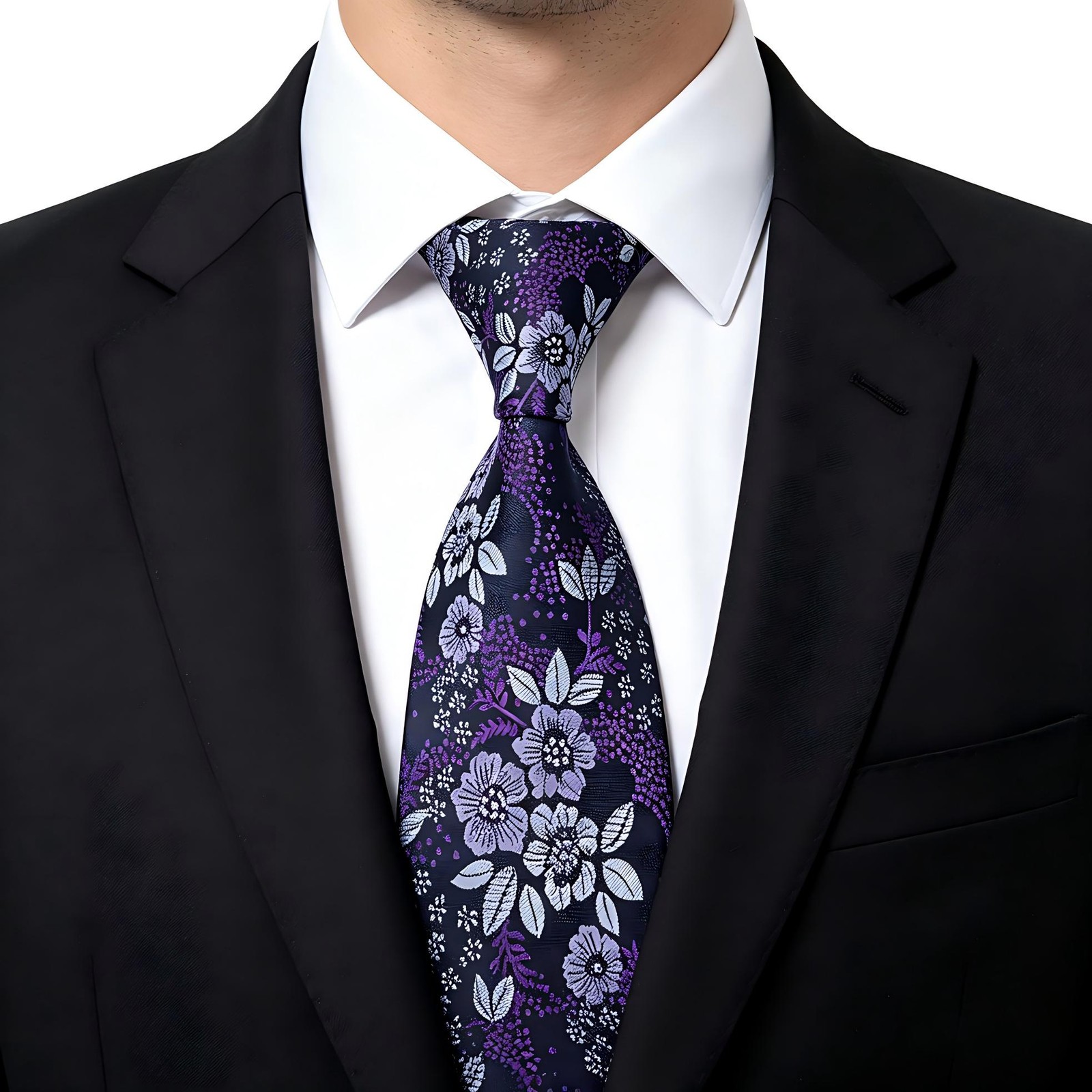 New Classic Floral Black Purple White Woven Skinny Silk Men’s Tie Necktie 8cm