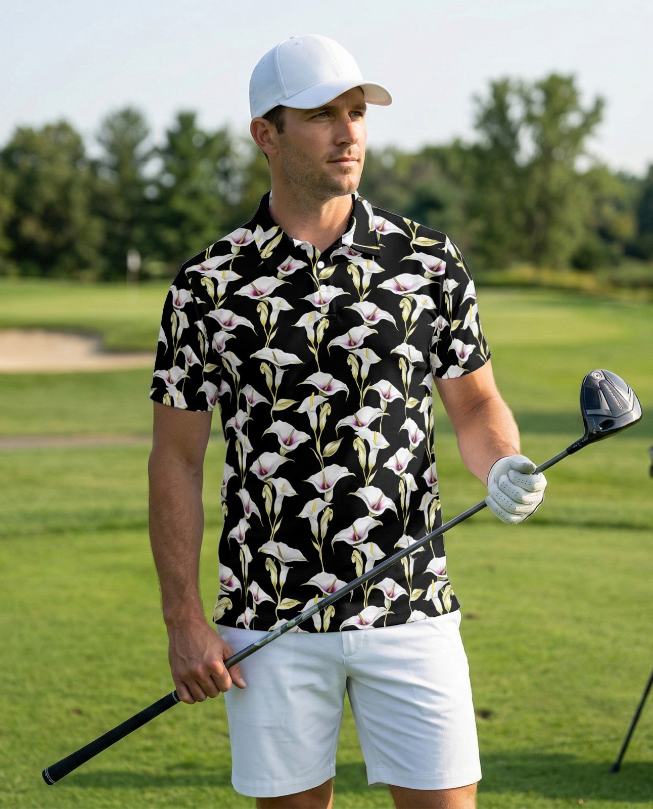 Men’s Polo Shirt Black Calla Lily Floral Golf Shirt Gift for Flower Lovers