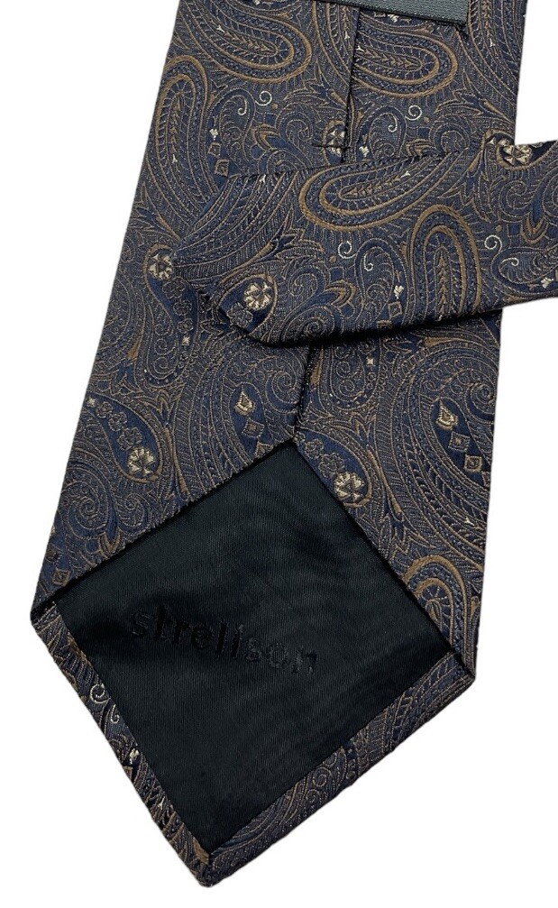 STRELLSON Men’s Silk Tie ITALY LUXURY Blue Brown Paisley W:3.7″ EUC