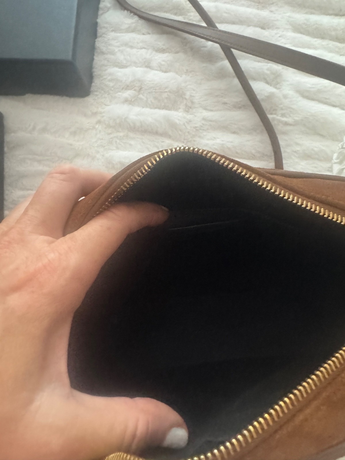 YSL LOU CAMERA BAG IN QUILTED YUMMY SUEDE. Gold bead accents and Whipstitched