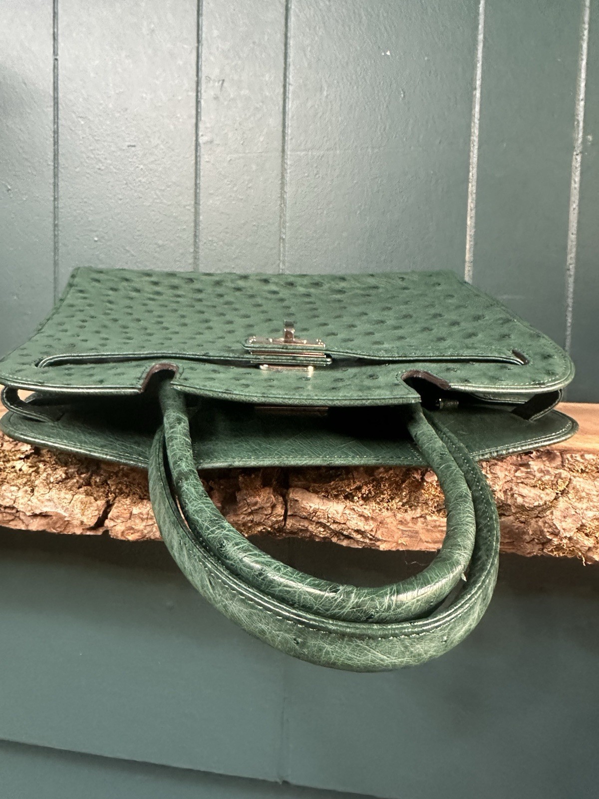 JRA Celencee Nicola Ferri Green Ostrich Leather Top Handle Bag
