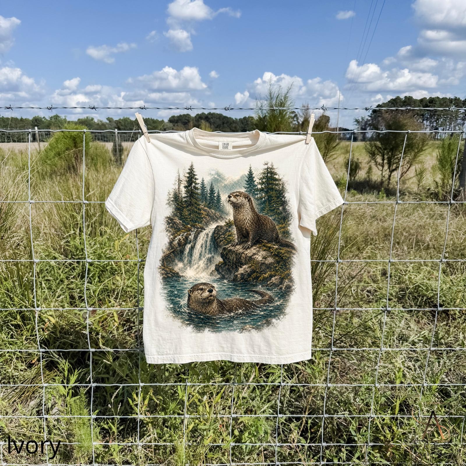 River Otter Shirt Wildlife Nature Mountain Waterfall Graphic Unisex Outdoor Tee