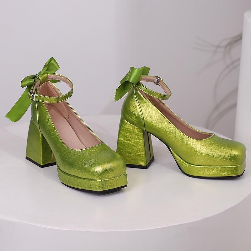 Women’s Square Toe Platform Block Heel Bow Shoes Dress Party Prom Pump Plus Size