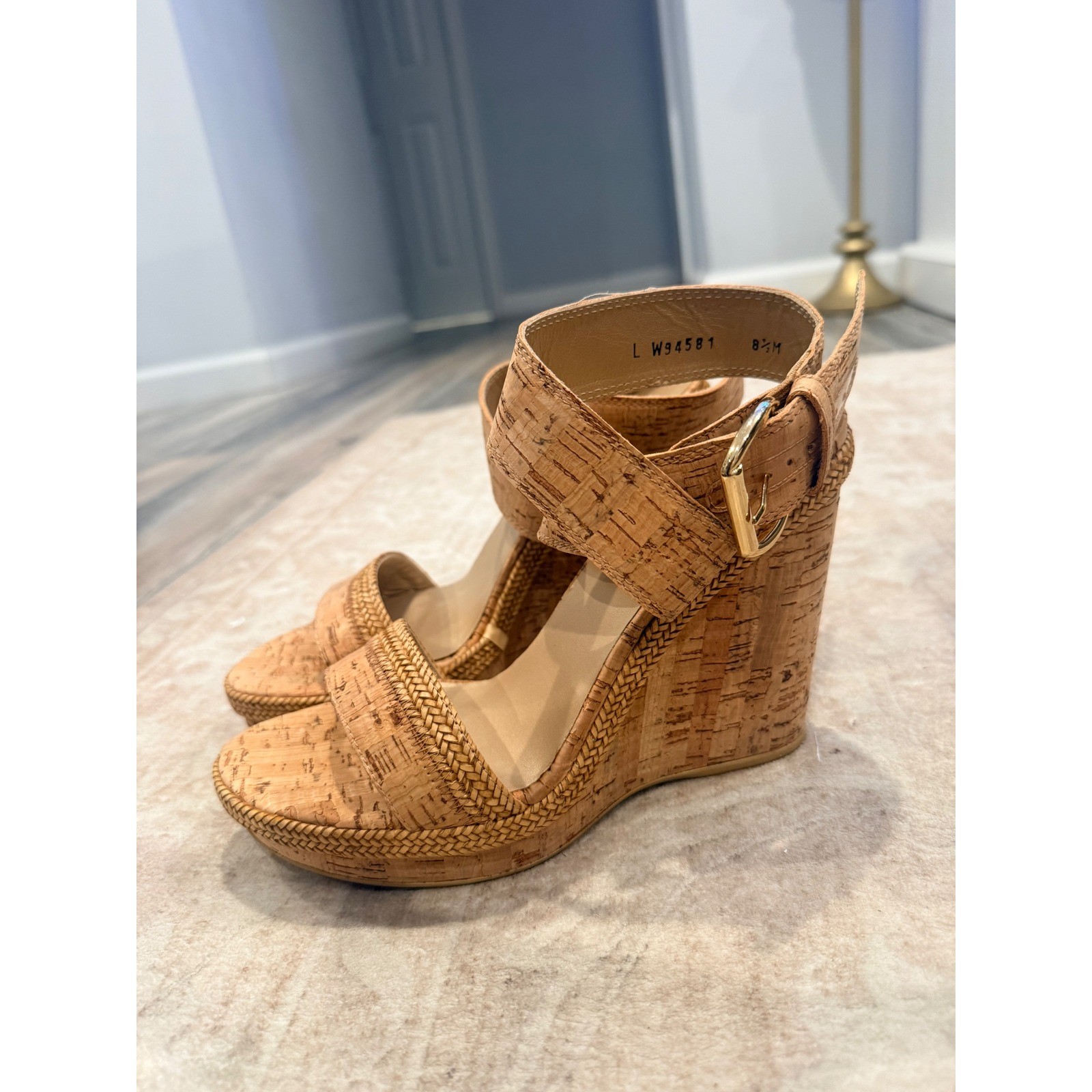 Stuart Weitzman Wraptor Natural Cork Wedge Sandals Braided Platform, 8.5M