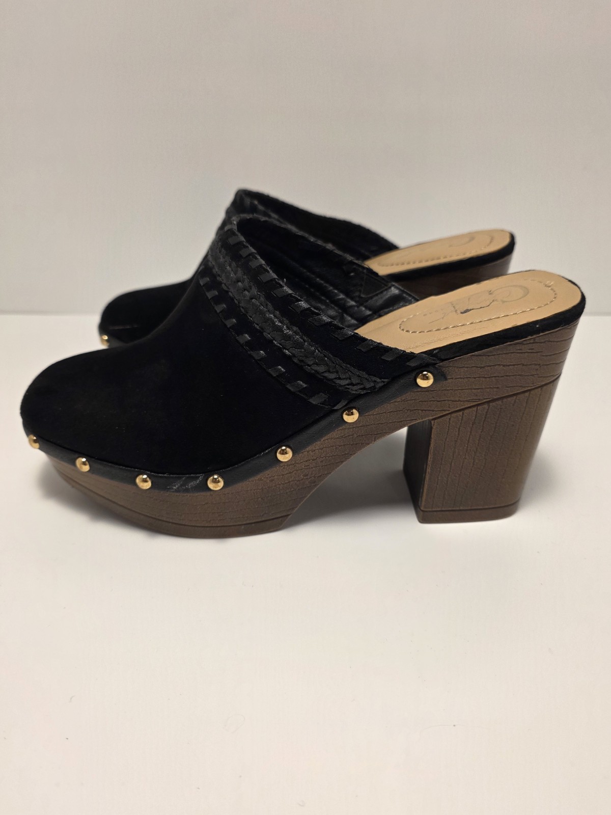 J Crew Faux Suede Clogs Mule Braided Strap Studded Wood Heel – Size 9m