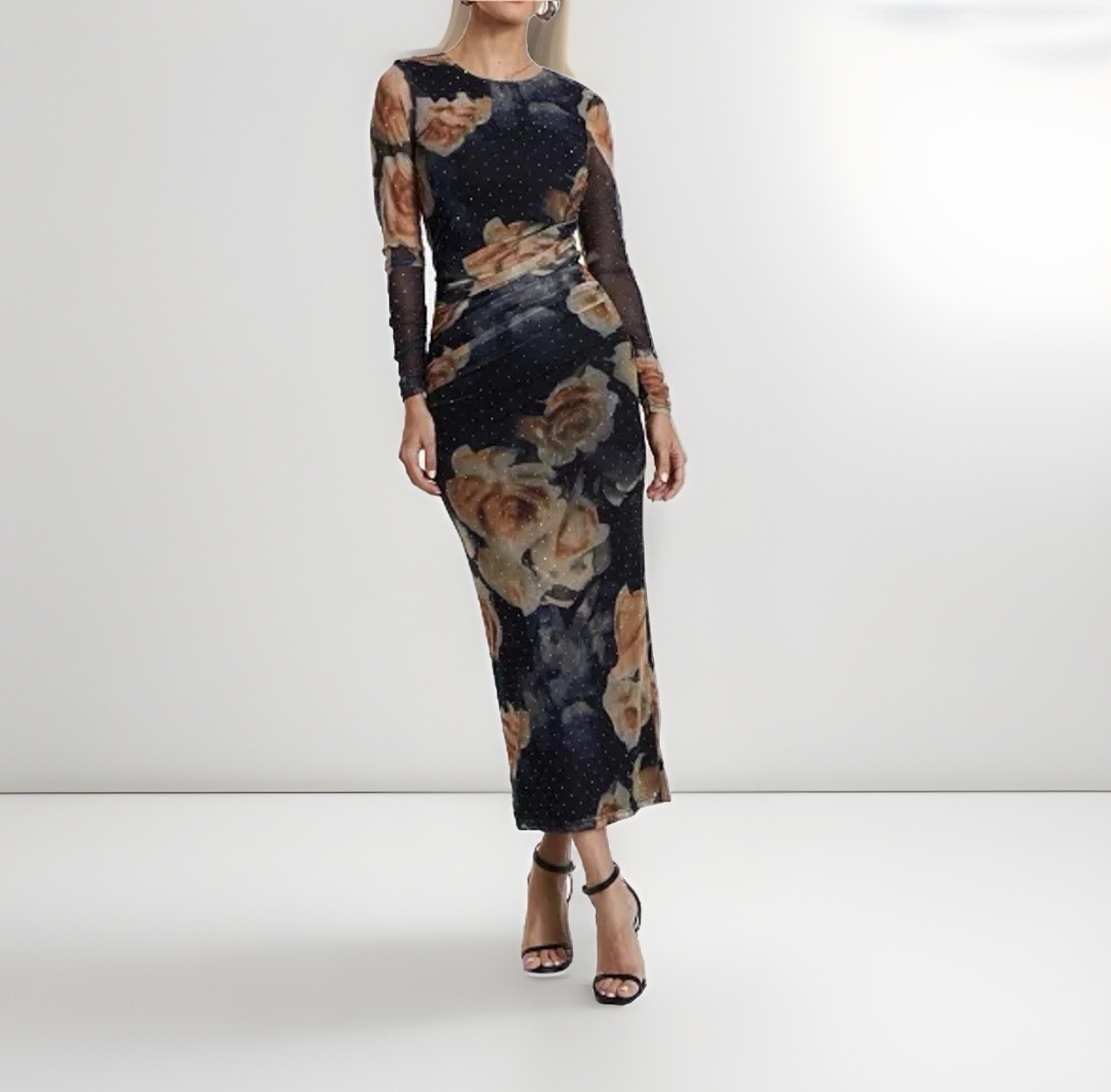 Quiz Gothic Dark Floral Midi Dress NEW Size 10 Ruched Sheer Sparkle Brown Black