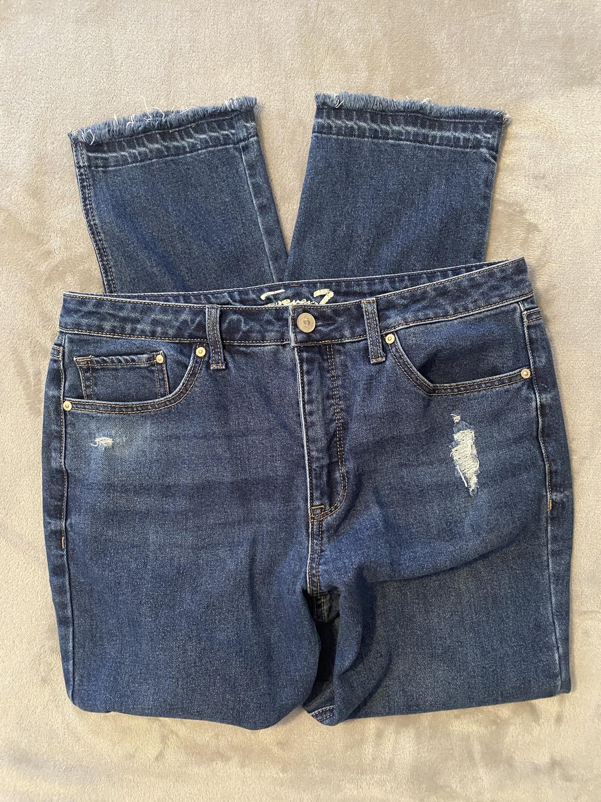 Seven7 Jeans Womens 10 Blue Slim Straight High Rise Distressed Raw Hem Stretch