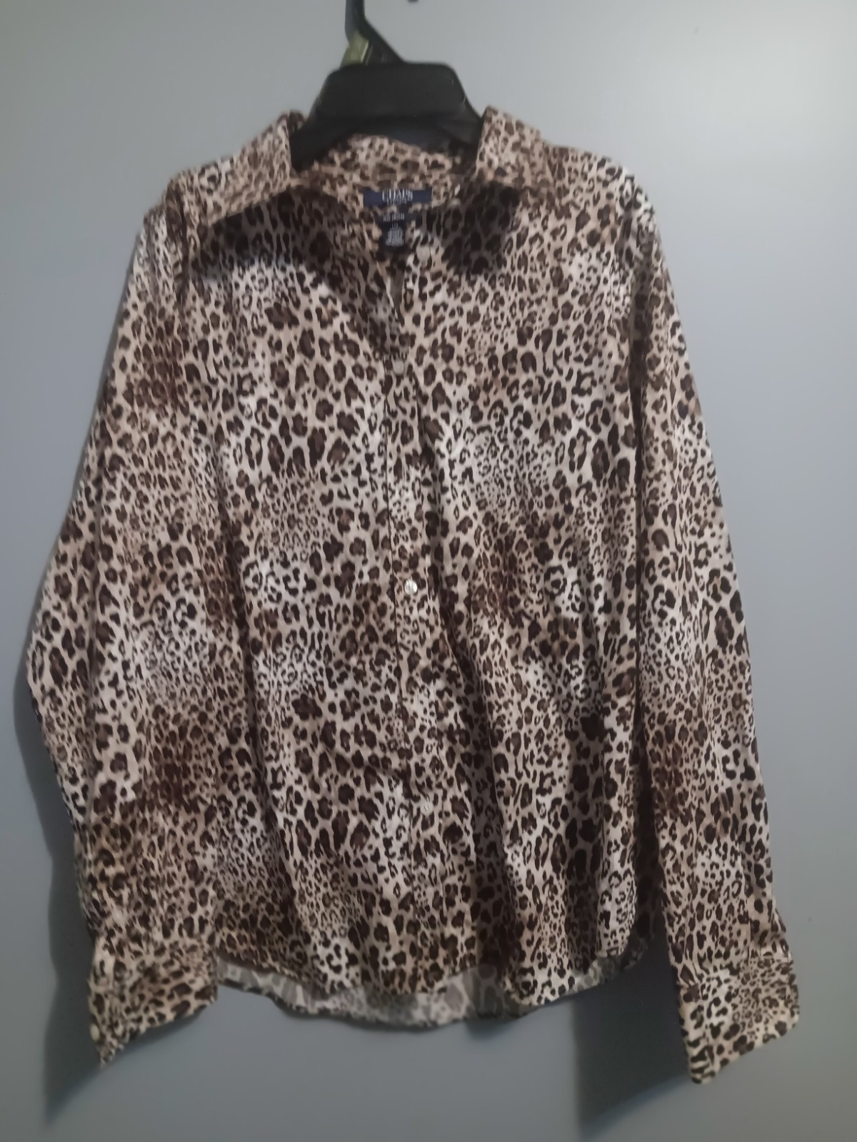Chaps Non-Iron Brown Leopard Print Collared Long Sleeve Woven Cotton L/G