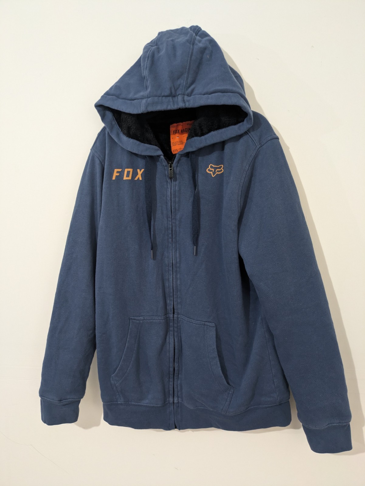 Fox Racing Men’s M Blue Fleece Lined Full Zip Hoodie Logo Pockets Hooded