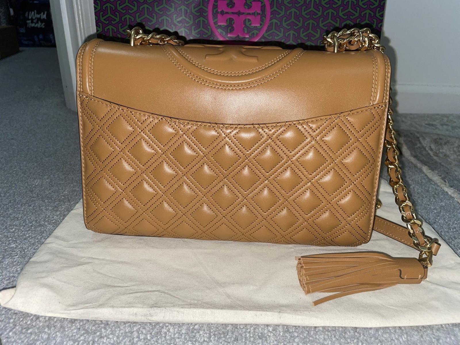 Tory Burch Medium Fleming Shoulder Bag Leather Color-Caramel Retail $595