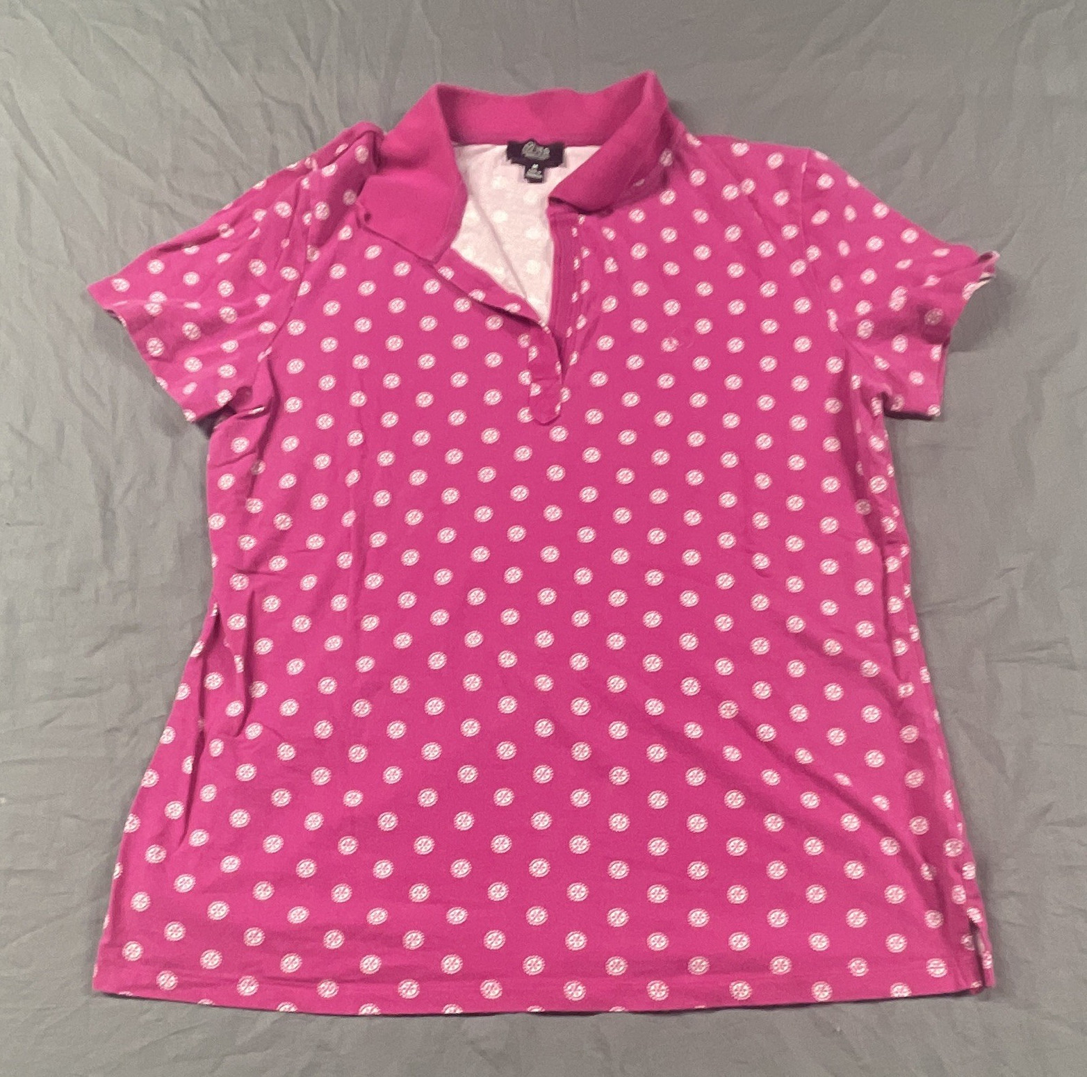 Jones New York Women’s Pink/White Polka Dot Collared Button Polo Shirt Cotton M