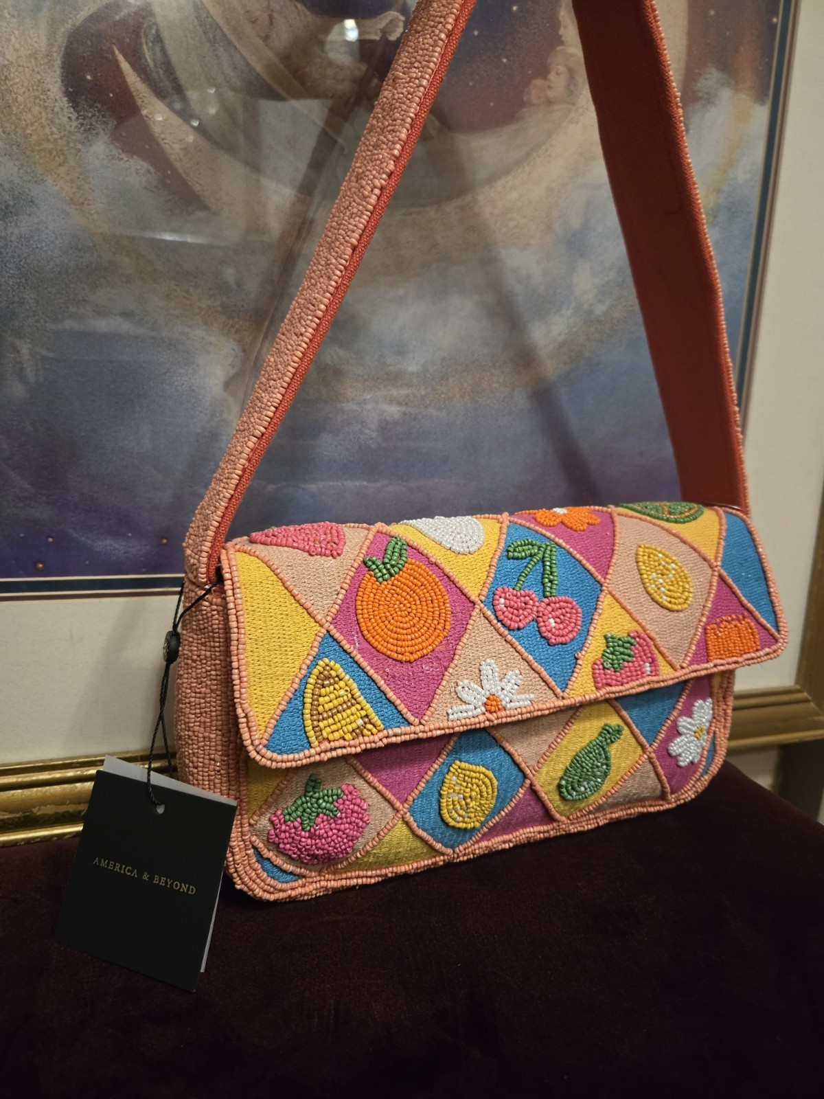 American & Beyond Viral Bright Fruit & Flower Patchwork Beaded Shoulder Bag New