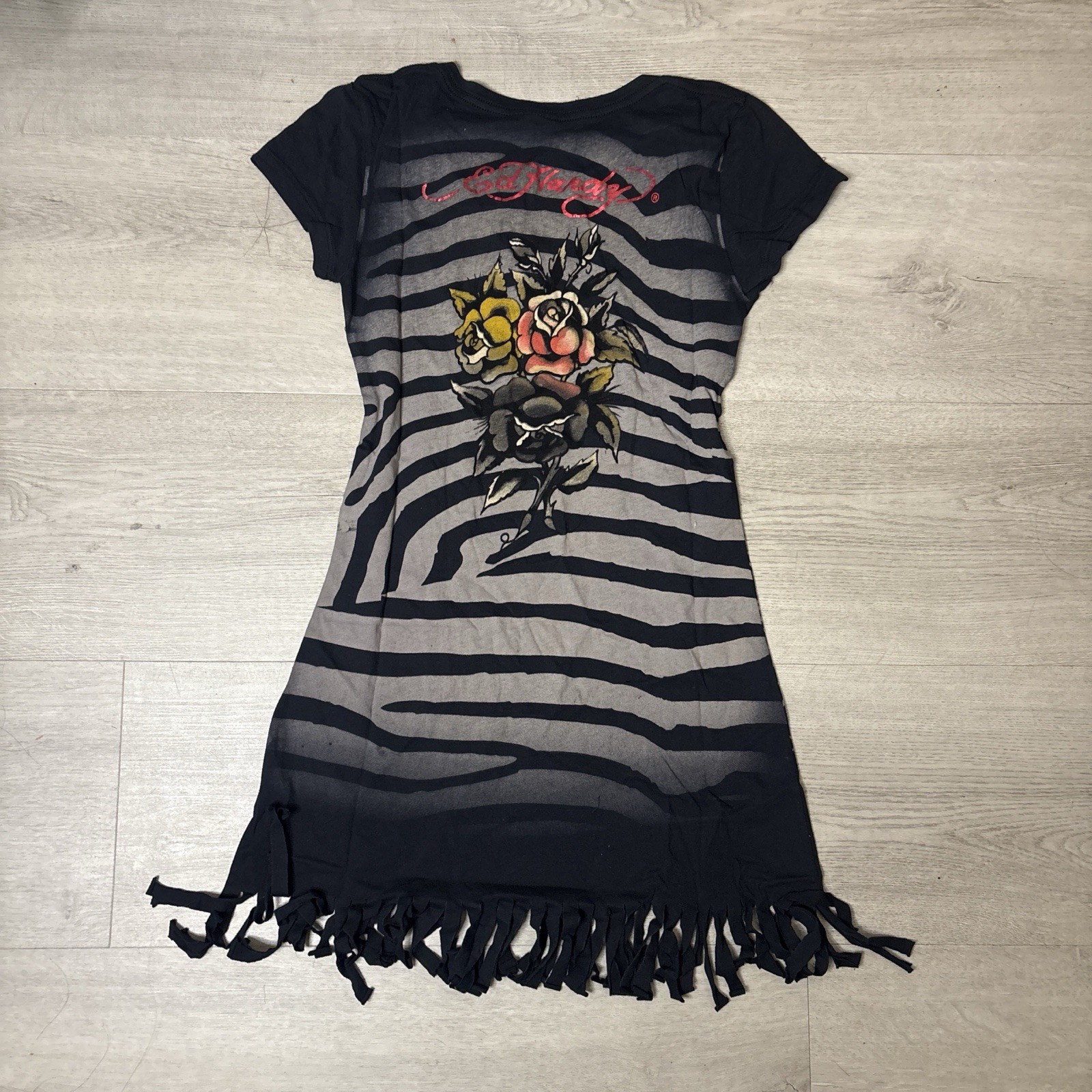 Vintage Ed Hardy By Christian Audigier Zebra Rose Dress Top Size S