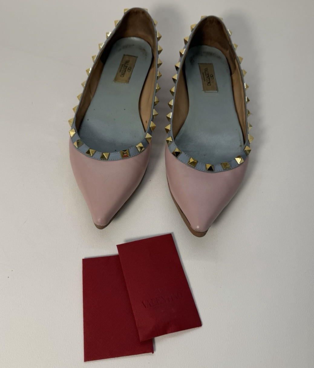 Valentino Garavani Pink Leather Rockstud Studded Pointed Toe Ballet Flats US 8