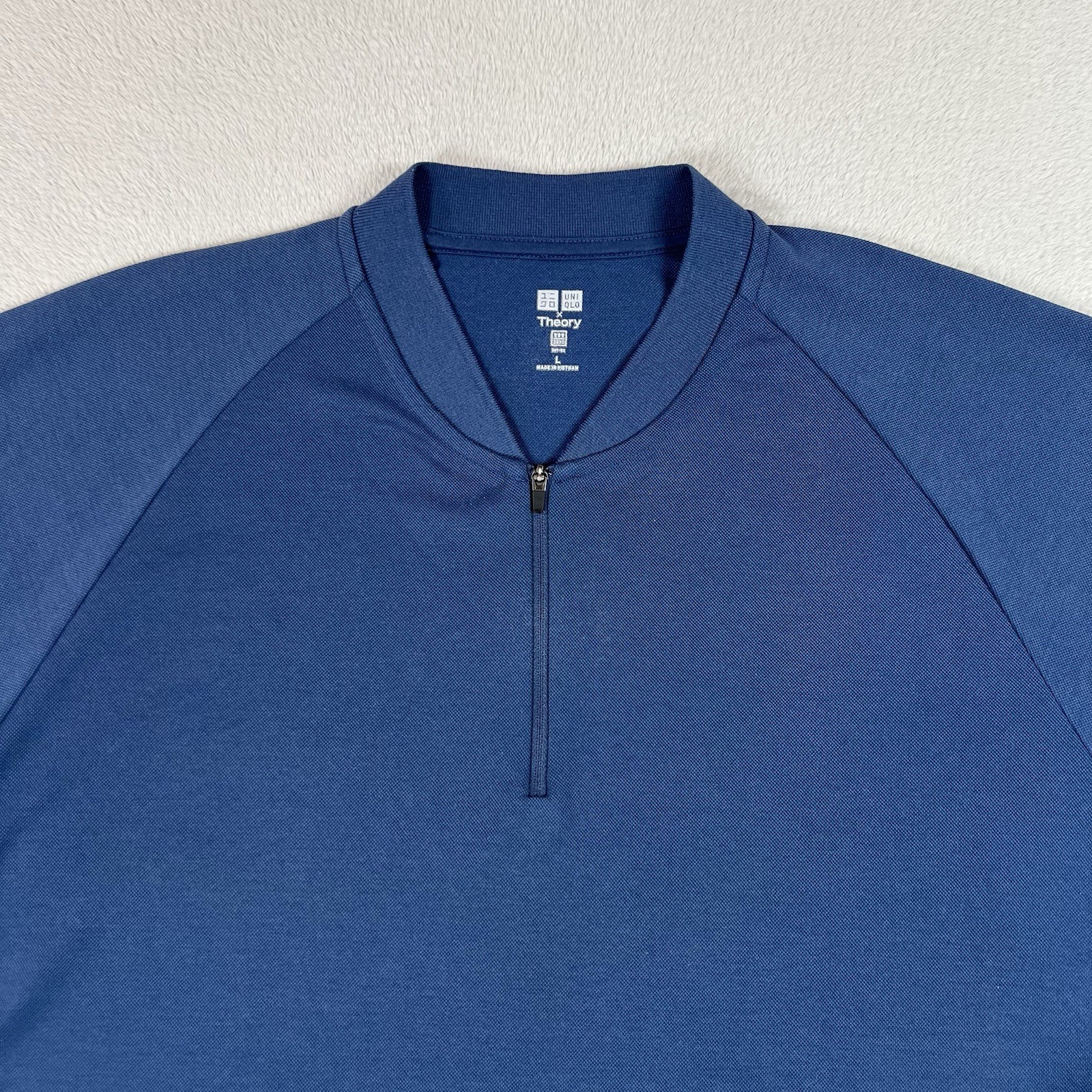 Uniqlo x Theory Shirt Mens Large Blue Dry-Ex 1/4 Quarter Zip Short Sleeve