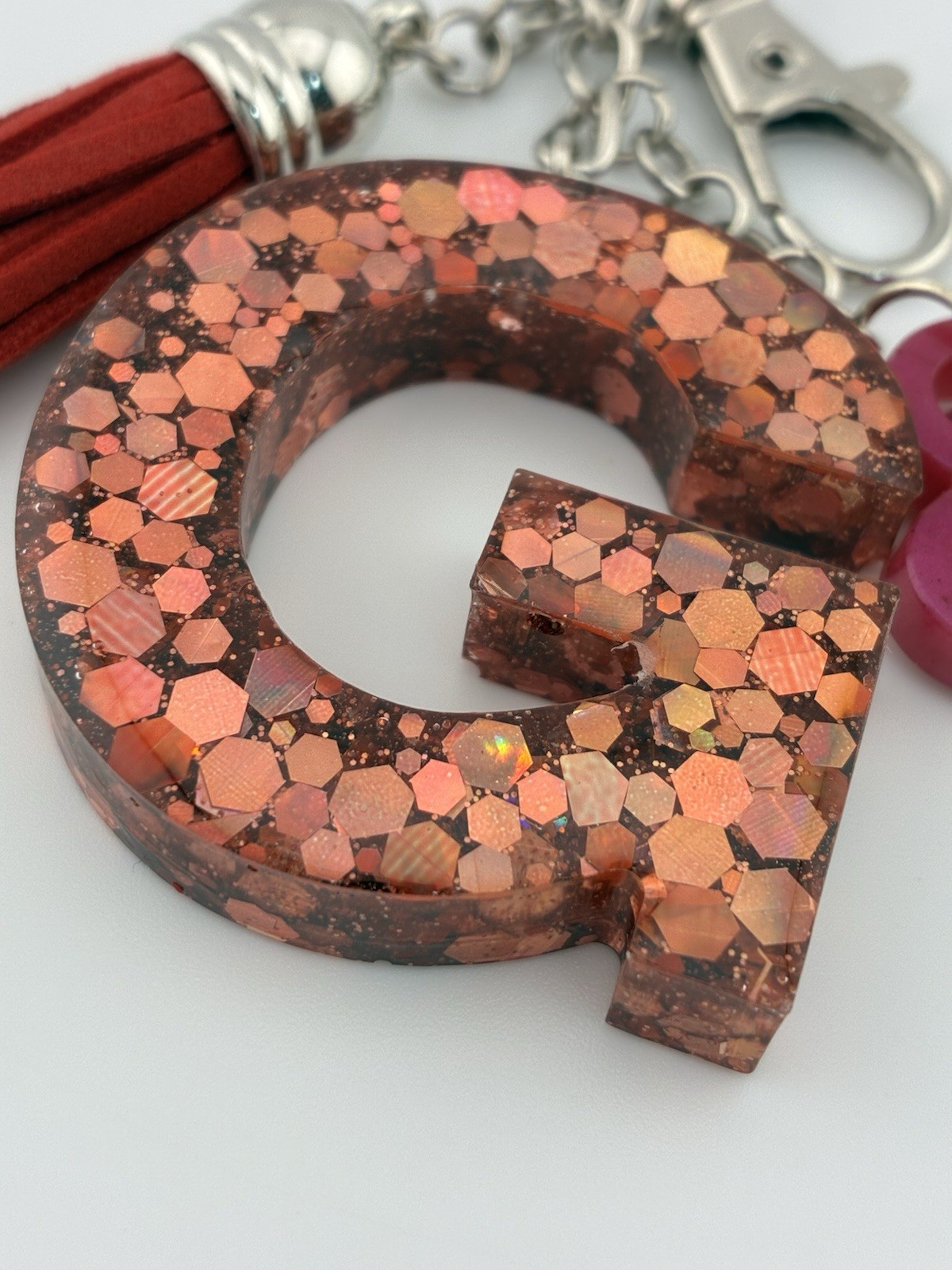 Handmade Epoxy Resin Letter G Keychain Rose Gold Glitter Heart Tassel New