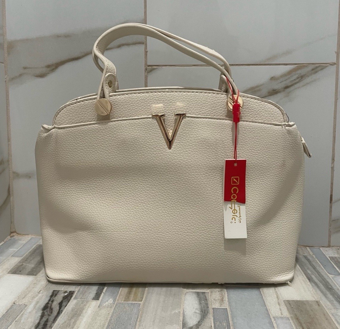 Elegant Cream Concorde Handbag Pebbled Faux Leather purse