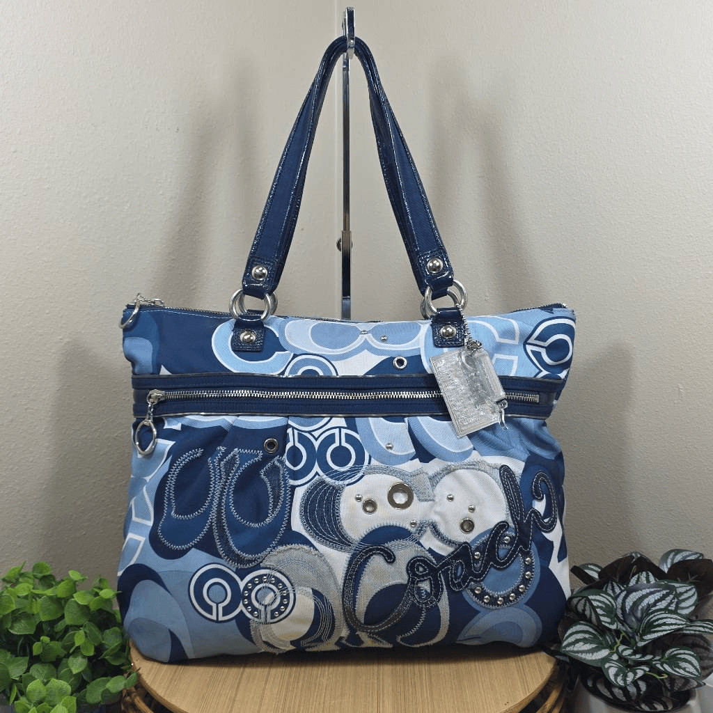 Coach RARE Poppy Pop C Glam Tote Blue Denim Applique Studded Limited Edition Sho