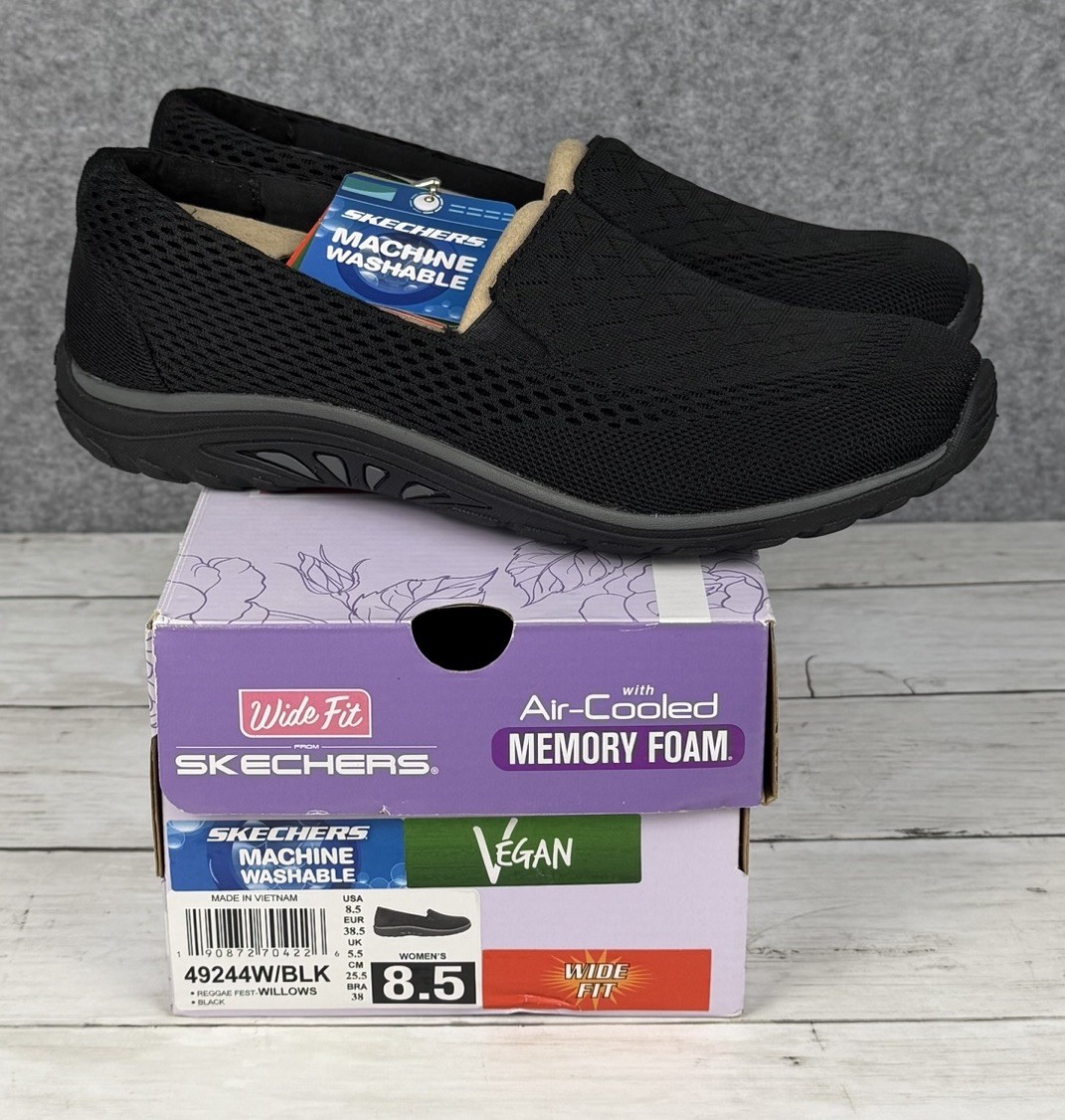 Skechers Air Cooled Memory Foam Shoes Womens 8.5 W Black Reggae Fest Willows NEW