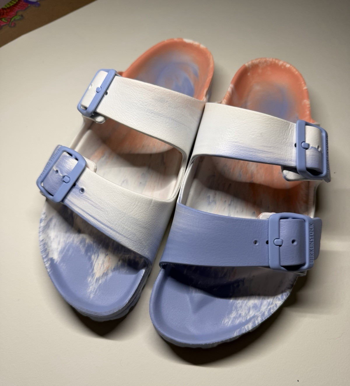Birkenstock Womens Marbled Slide Sandals Blue White Orange Buckle Size 38 US 7.5