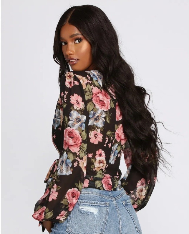 Women’s Black Dark Floral Wrap Blouse Top S Cropped Chiffon Date Party Festival
