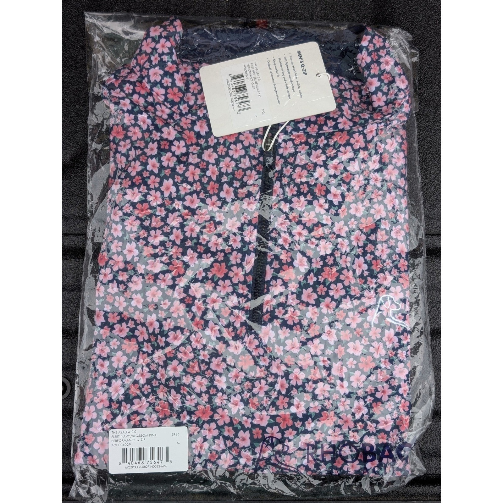 NWT Rhoback Mens L The Azalea 2.0 Performance Q-Zip Navy Pink Floral MSRP $138