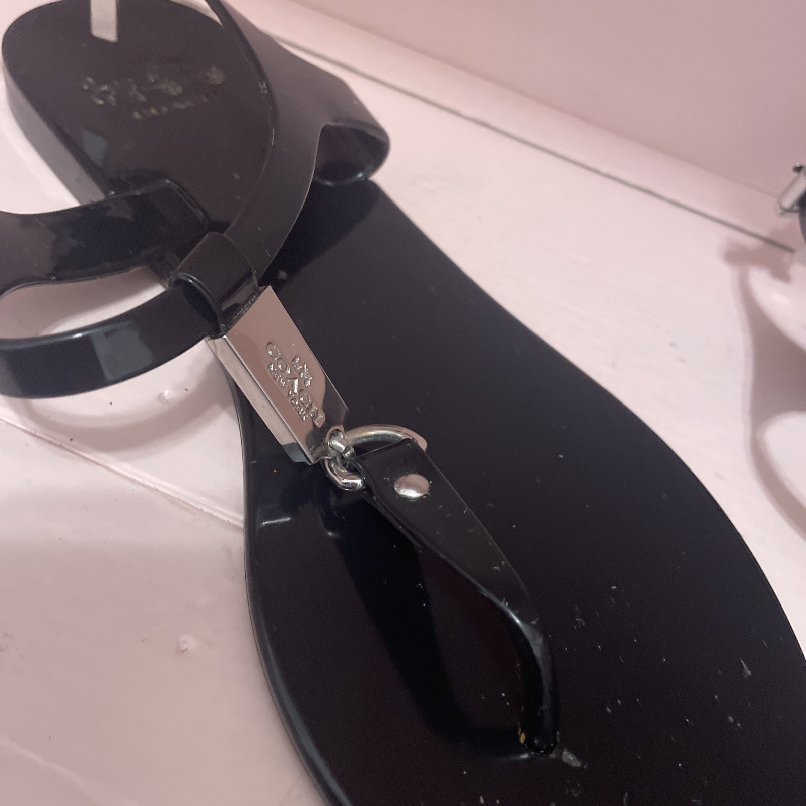 Coach Piccadilly Thong Jelly Sandals Black Logo Strappy Ankle Strap Buckle 8 B