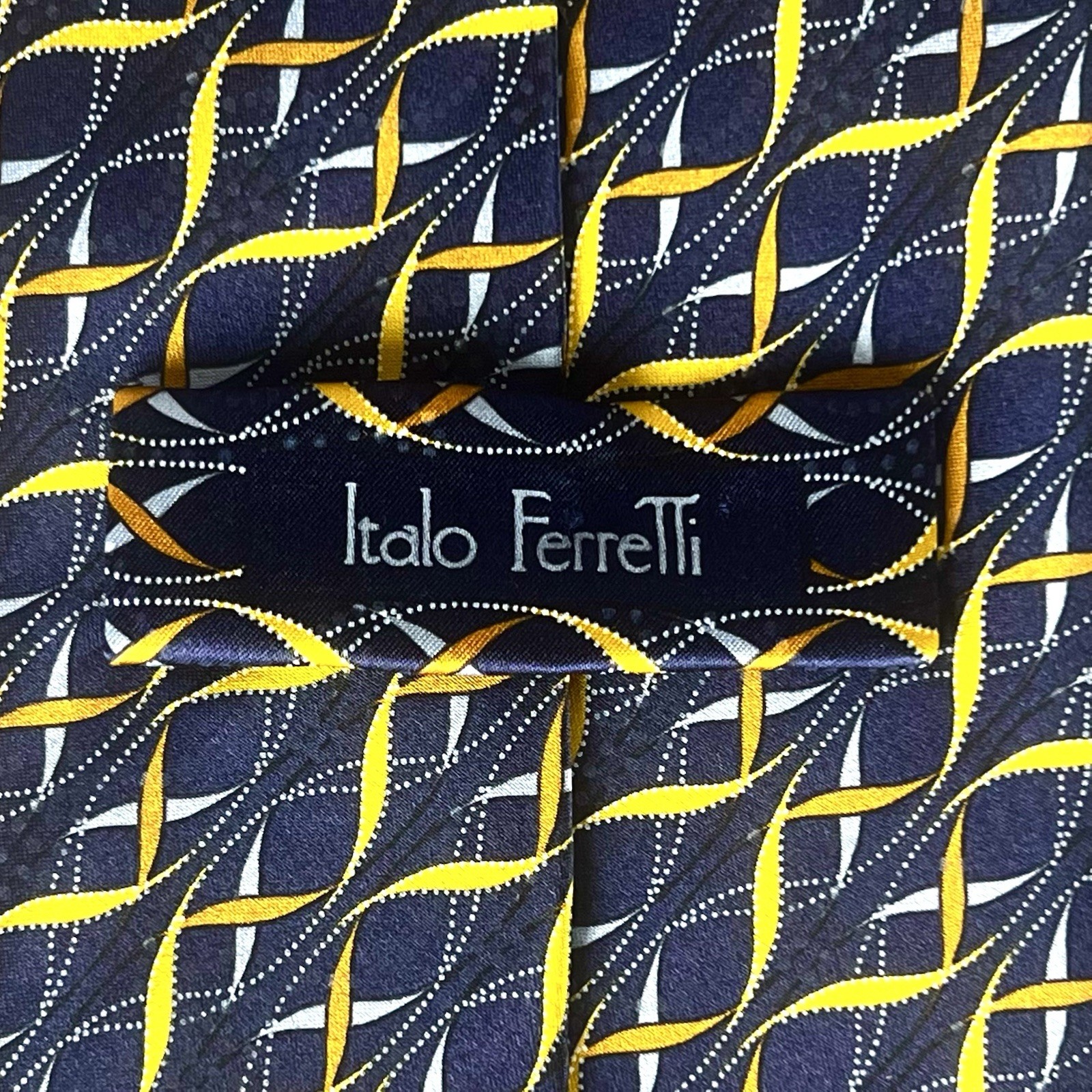 Italo Ferretti Italy Maus & Hoffman Navy, Blue, Gold, Copper Silk Tie 64” Long