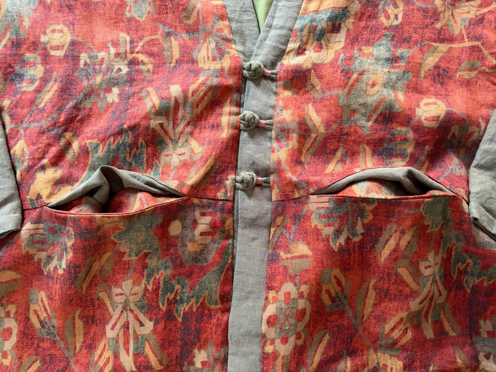 Quilted Jacket Cotton Vintage Floral Pattern Pockets Oriental Boho One Size