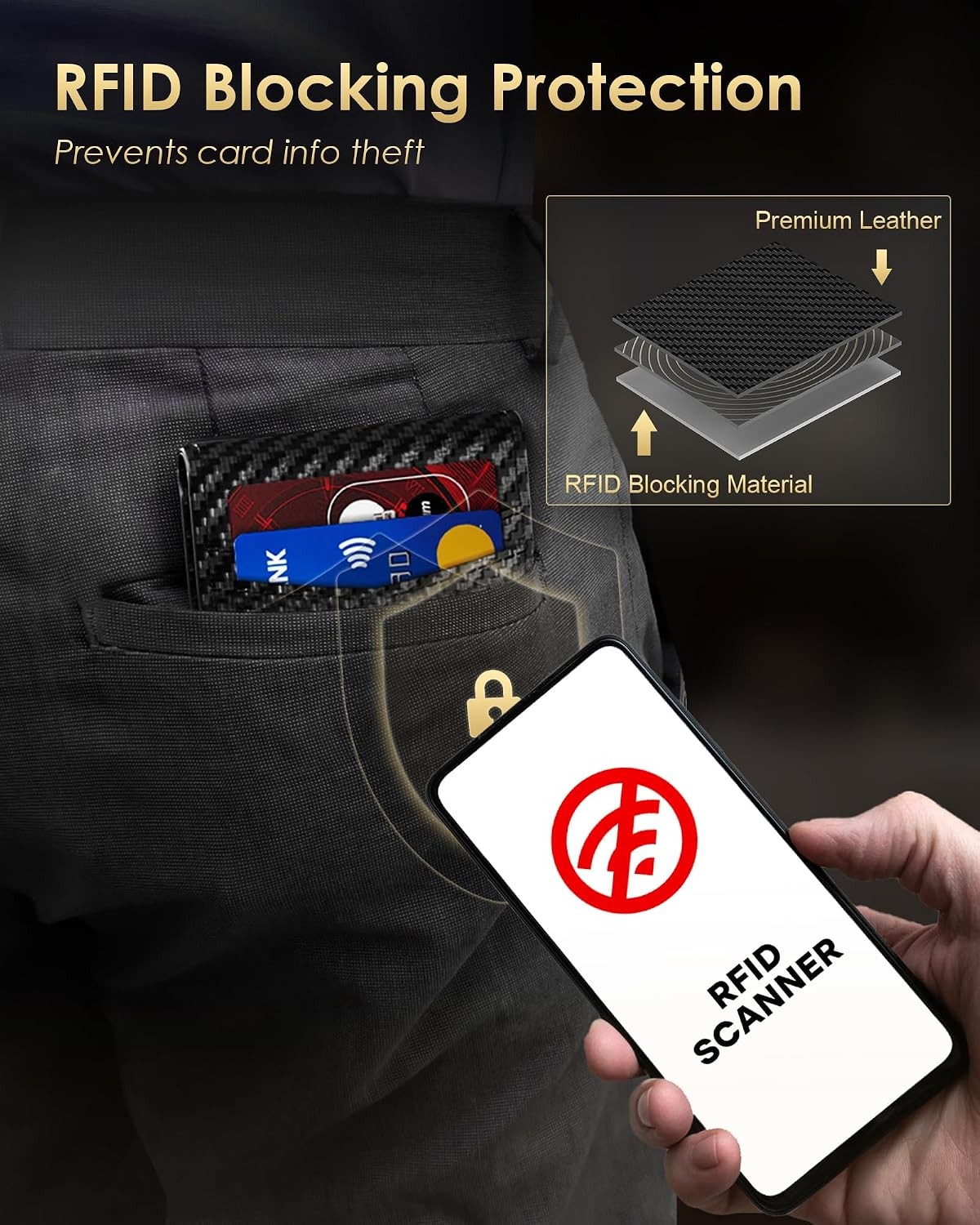 Mens RFID Blocking Wallet Carbon Fiber Slim Bifold Pop Up Credit Card Holder ID