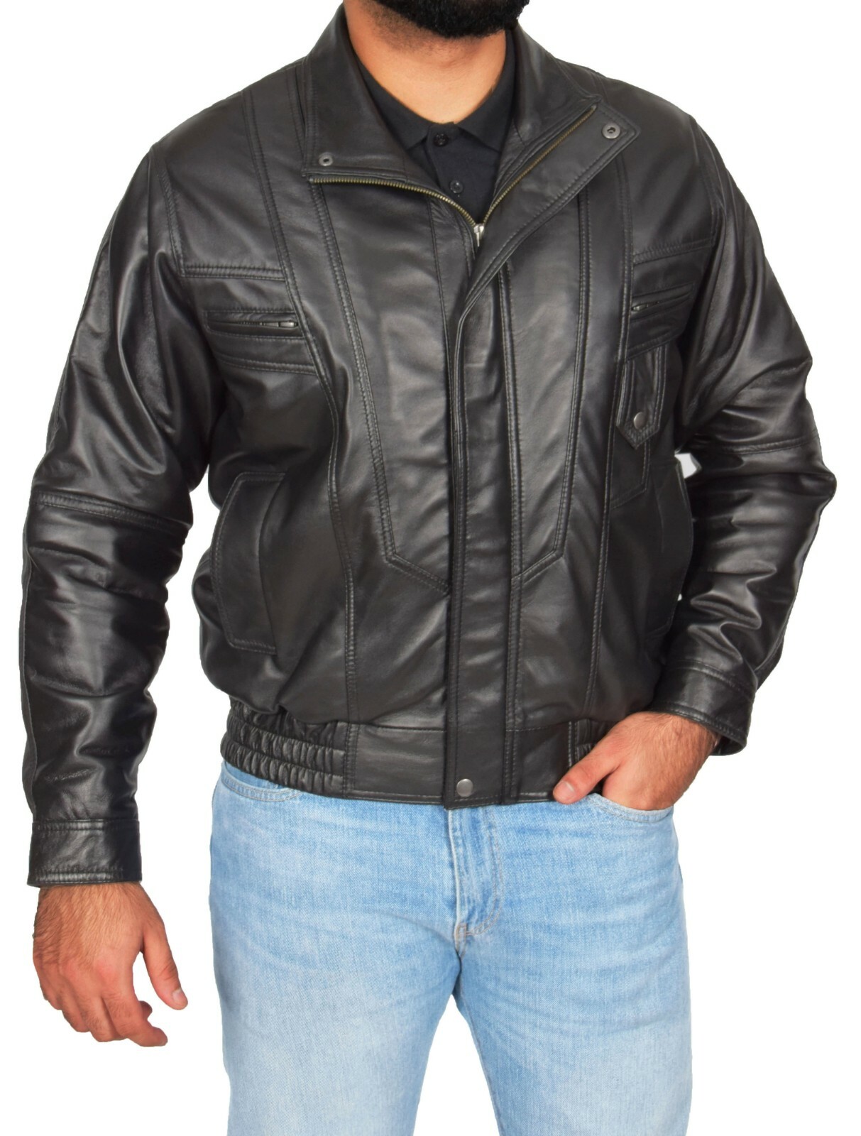 Gentlemens Bomber Soft Black Leather Jacket Classic Blouson Comfort Fit Coat NEW