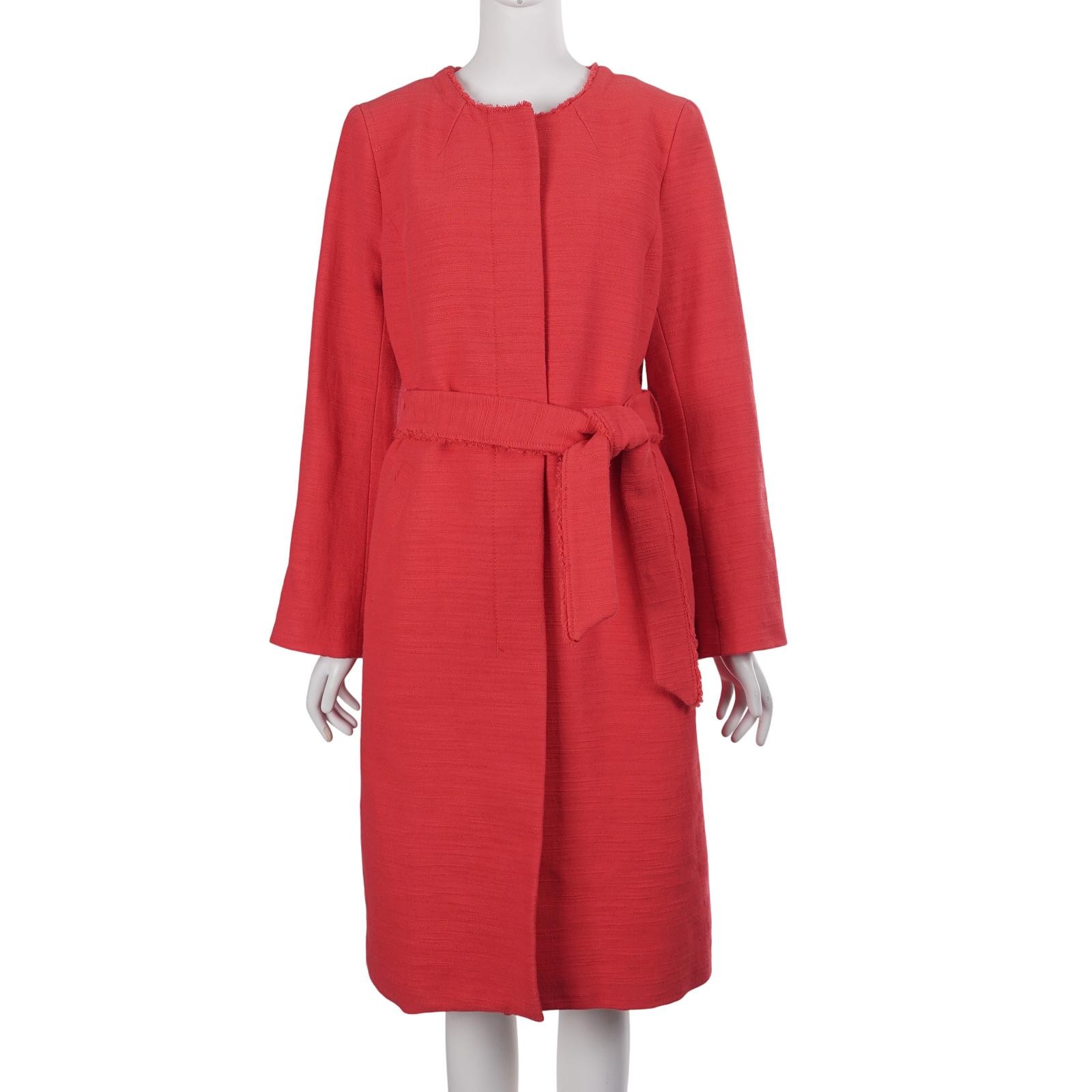Banana Republic Long Jacket M Watermelon Red Cotton Blend Boucle Tie Belt Coat