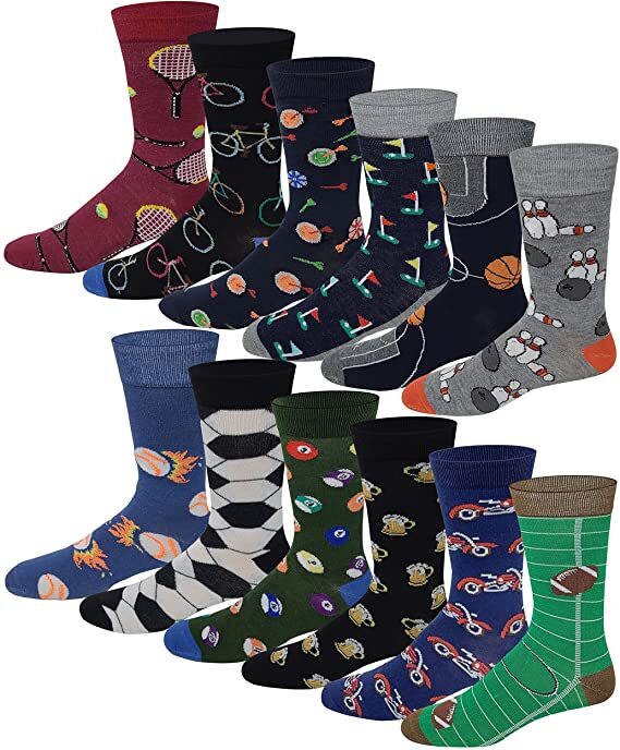 Different Touch 12 Pairs Men’s Assorted Fancy Design Crew Socks 10-13