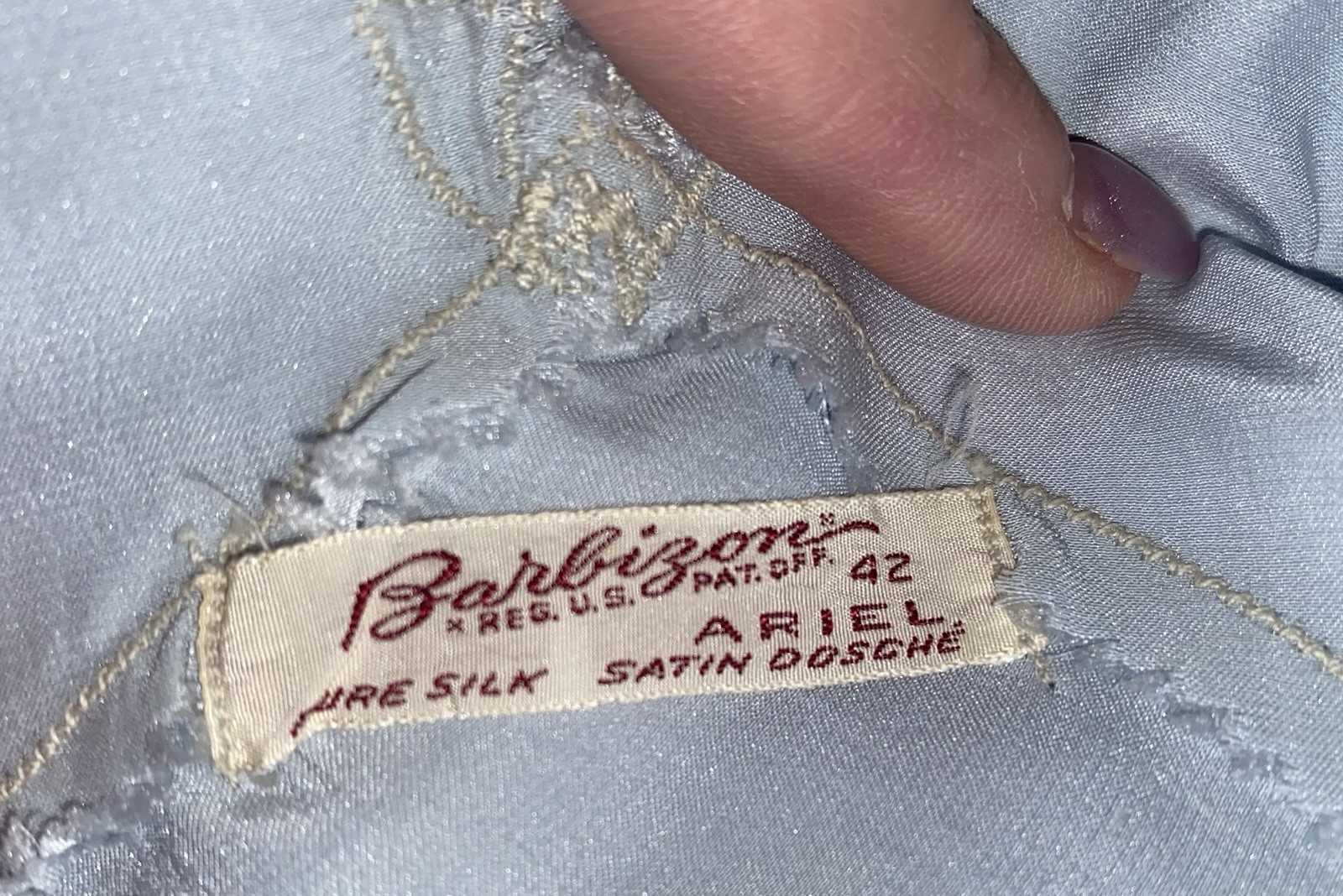 Vtg 40’s RARE sz 42 Tall 60″ Ice Blue SILK Barbizon Ariel Nightgown satin dosche