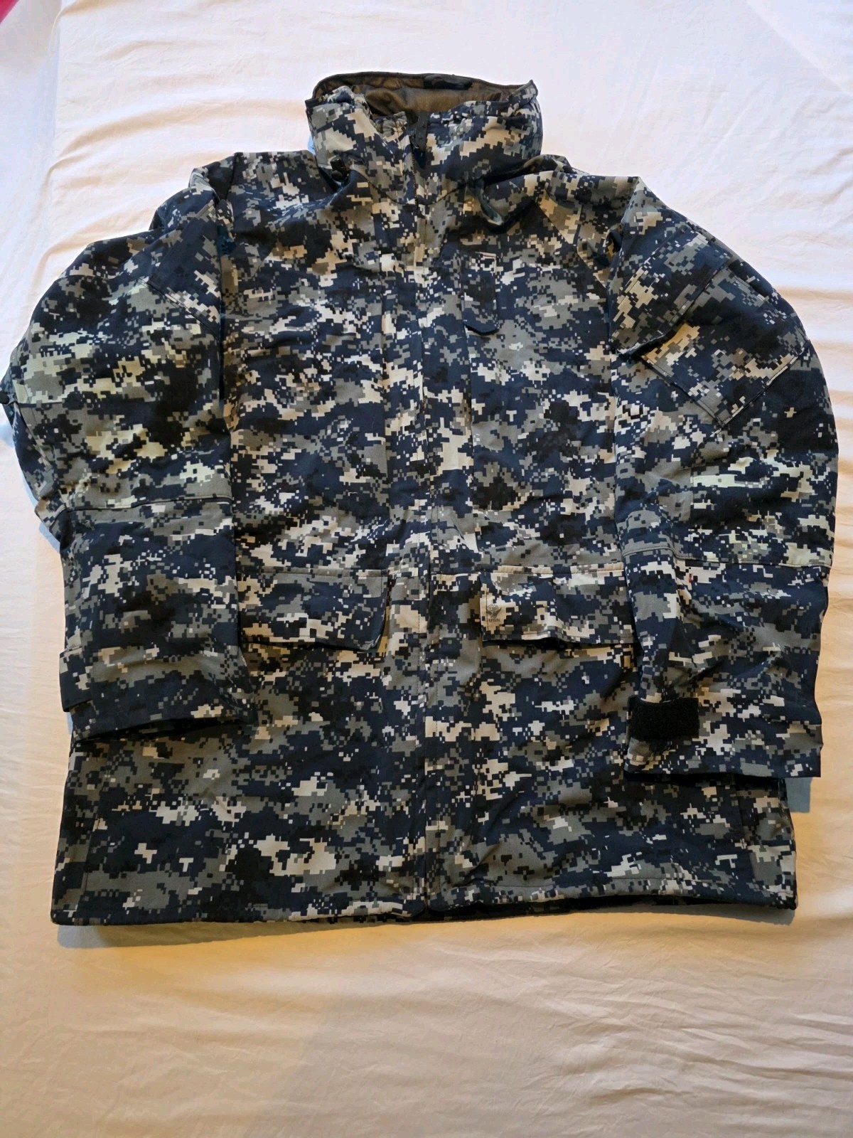US Navy Jacket Men Large Long Navy Blue Digital Camo Working Parka Shell Digi